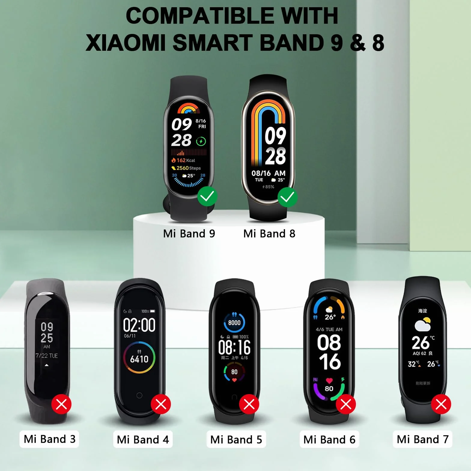 Mugust 2 sztuki bransoletek do Xiaomi Mi Band 8/Xiaomi Mi Band 9, miękki silikon, oddychający, zapasowy pasek do Xiaomi Mi Band 9 / Xiaomi Mi Band 8