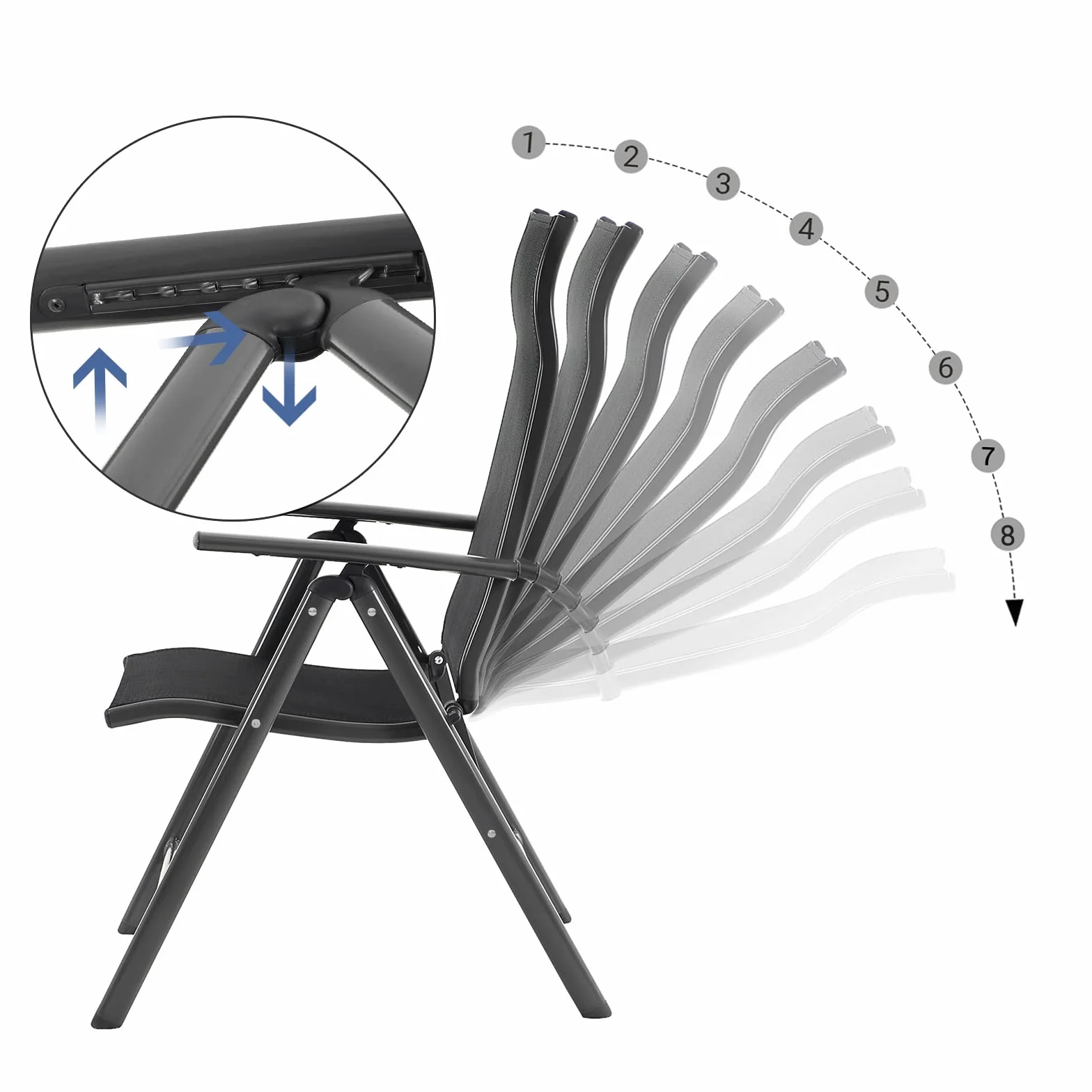 SONGMICS Krzesło ogrodowe, krzesło składane, krzesło outdoorowe z wytrzymałym stelażem aluminiowym, oparcie z 8-stopniową regulacją, obciążenie do 120 kg, czarne GCB02BK