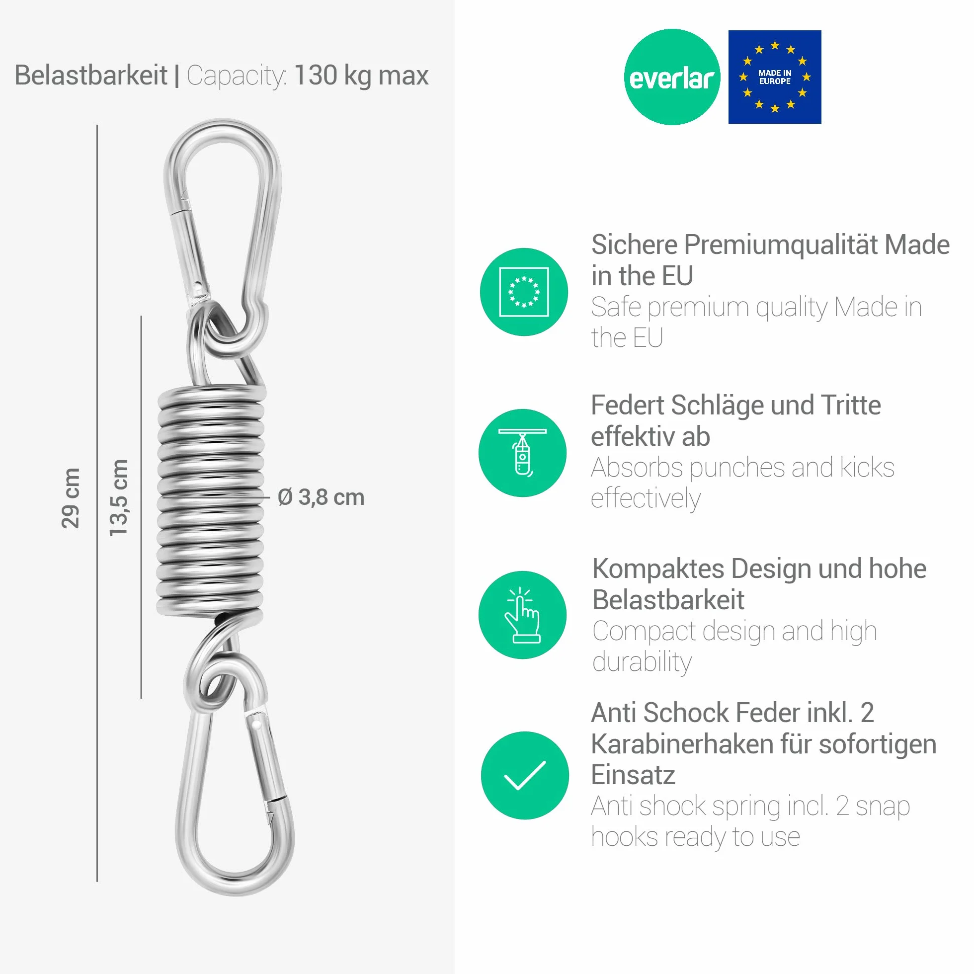 Anti Shock Sprężyna do worka treningowego z 2 karabinkami I Jakość Made in EU I Idealne akcesorium do worka treningowego i zawieszenia worka treningowego I 130 kg