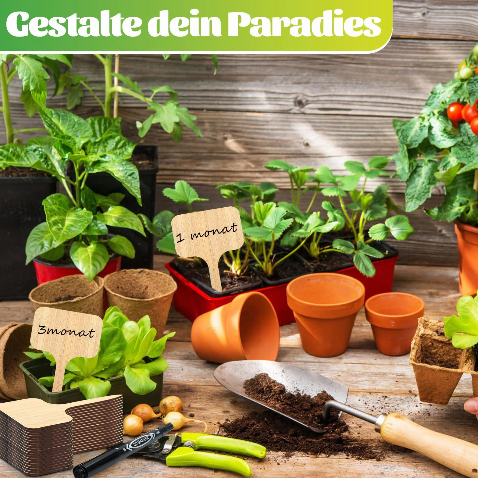 Gucass 40 x bambusowe tabliczki do opisywania roślin, wraz z markerami, odporne na warunki atmosferyczne, tabliczki na rośliny, do warzyw, ziół, kwiatów