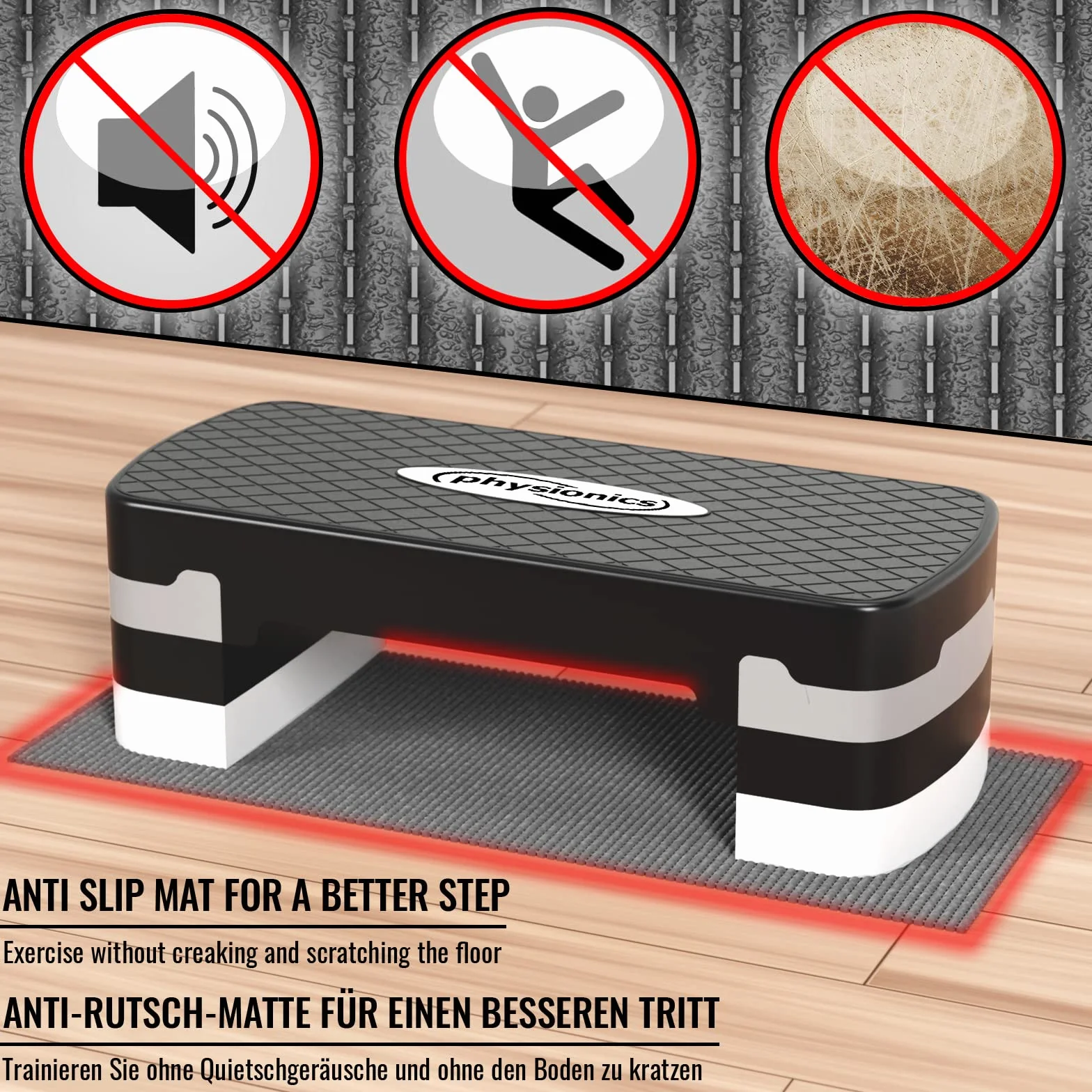 Deska do aerobiku Physionics® - 3poziomy(10/15/20cm),regulacja wysokości, antypoślizgowa gumowa osłona, maks. 200kg - Stepper fitness, Stepboard, Bench, Bench, Cardio do ćwiczeń w domu