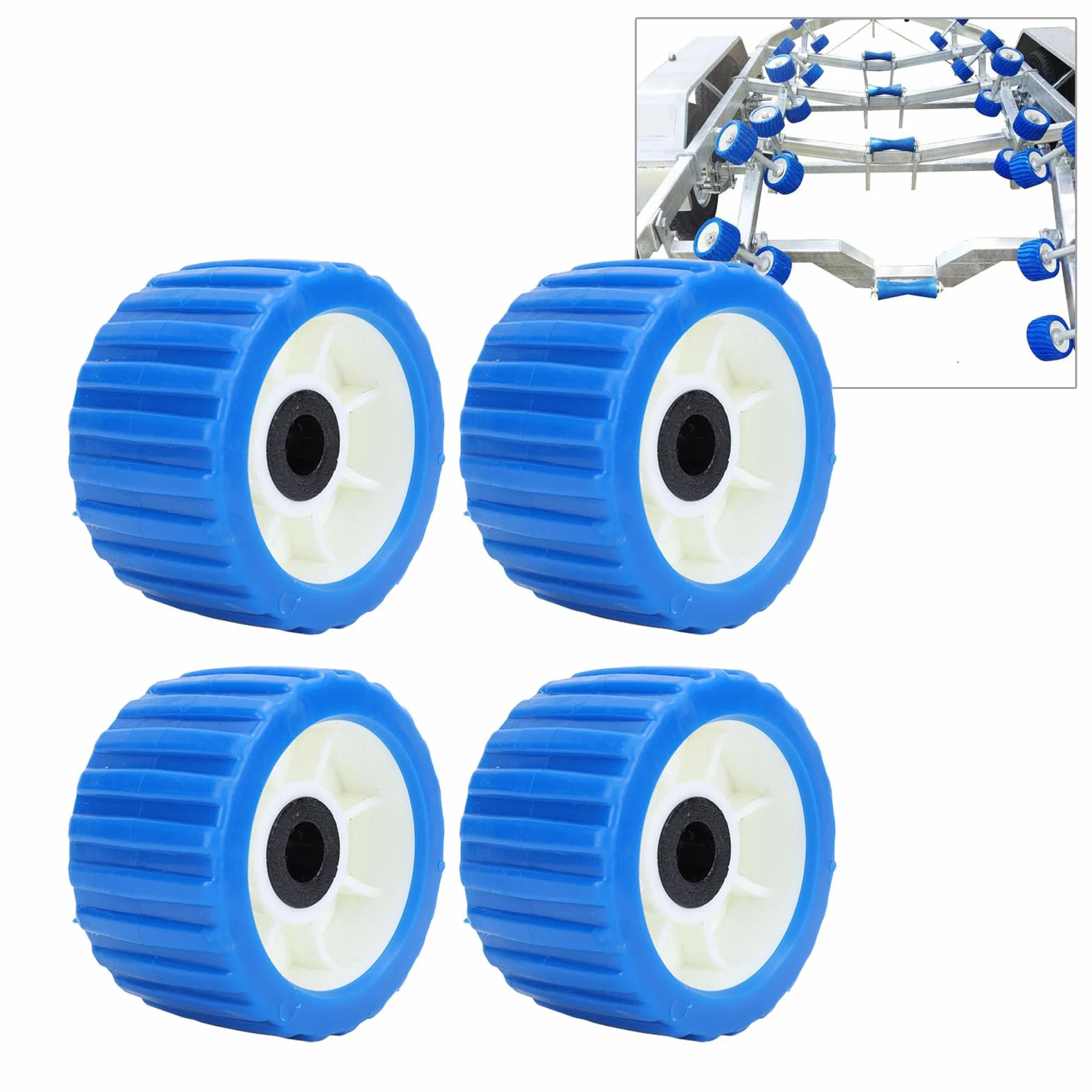 3" szerokości x 5" średnicy zewnętrznej rolki do przyczepy łodziowej, żebrowane, polietylenowe, średnica otworu montażowego 1-1/8", 4 szt., niebieskie, standardowe