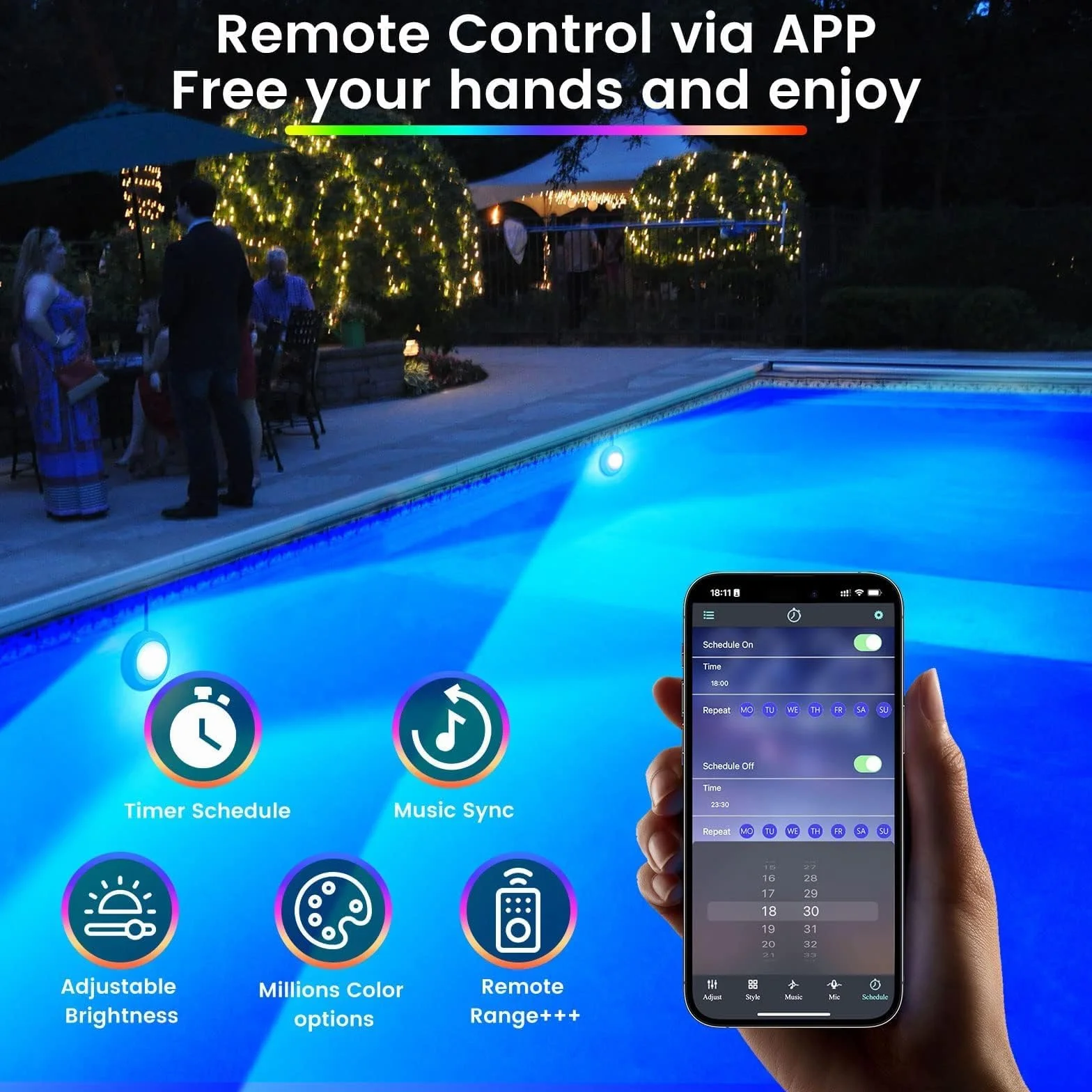 LyLmLe Oświetlenie Basenowe LED z Kontrolą APP, 20W RGB Ściemnialne podwodne światła zanurzeniowe z magnesami, IP68 Wodoodporna synchronizacja muzyczna zmieniająca kolor światła basenowego 12V, 8m