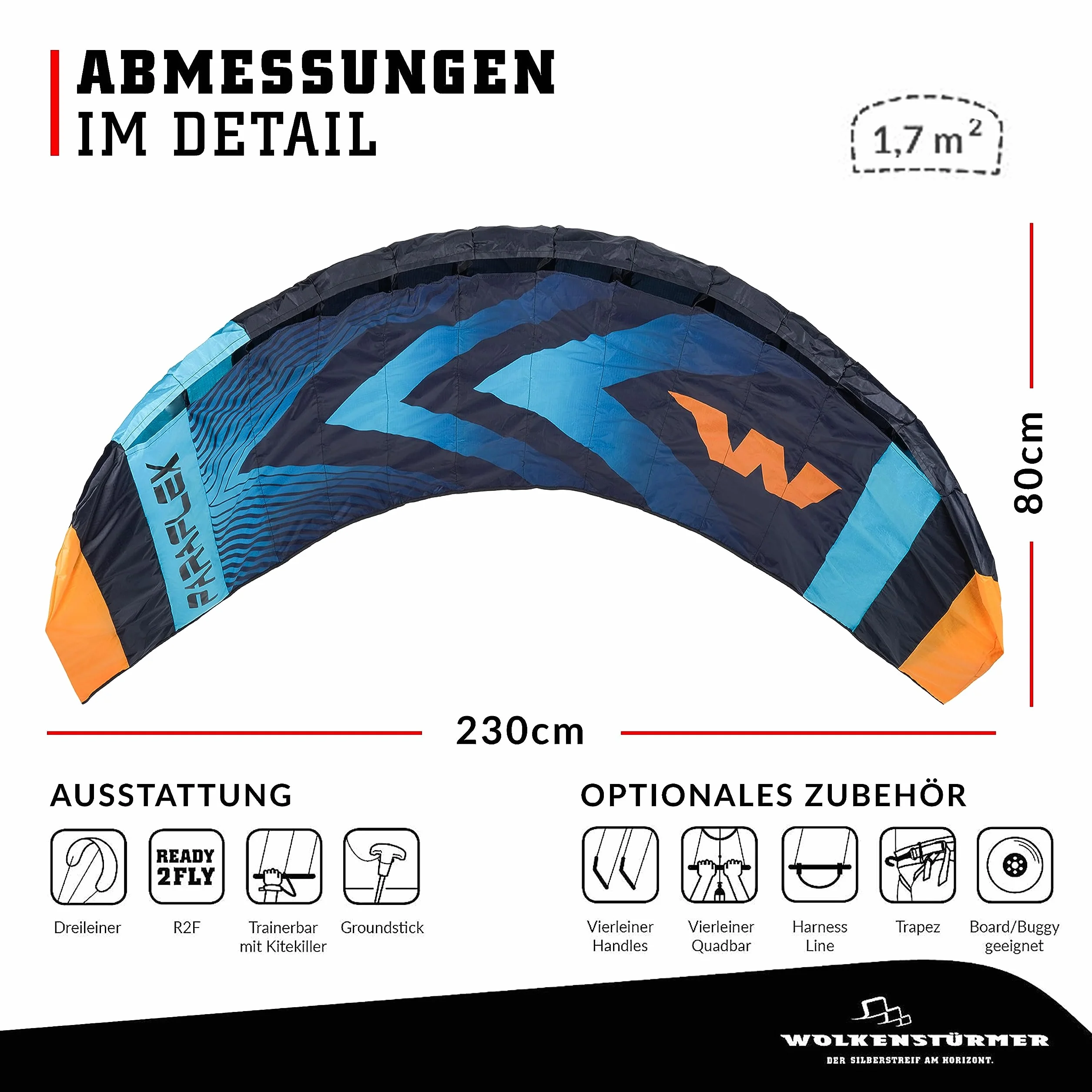 Wolkenstürmer® Paraflex Trainer 3 l 2,3 (turkusowy) - latawiec gotowy do lotu 230 cm z drążkiem treningowym, latawiec i windtrainer