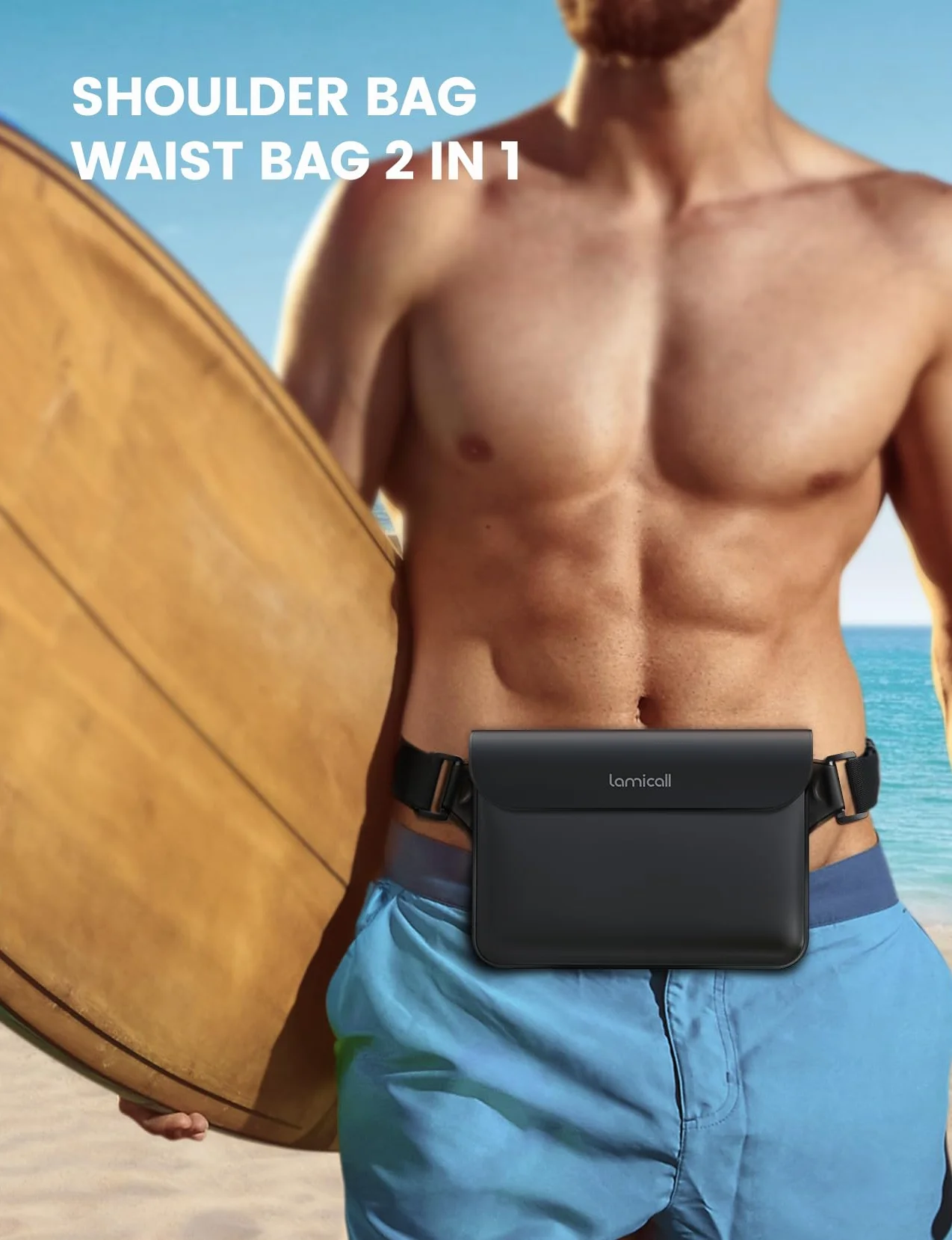 Lamicall Wodoszczelna torba IPX8 - [2 szt.] Wodoszczelna Torebka Pasa z Regulowalnym Pasek, [Szybka Otwarcie] dla Plaży, Pływania, Żeglugi, Rybyctwa, Kajakingu, Turystyki, Dostępna dla 8,7" - Czarny