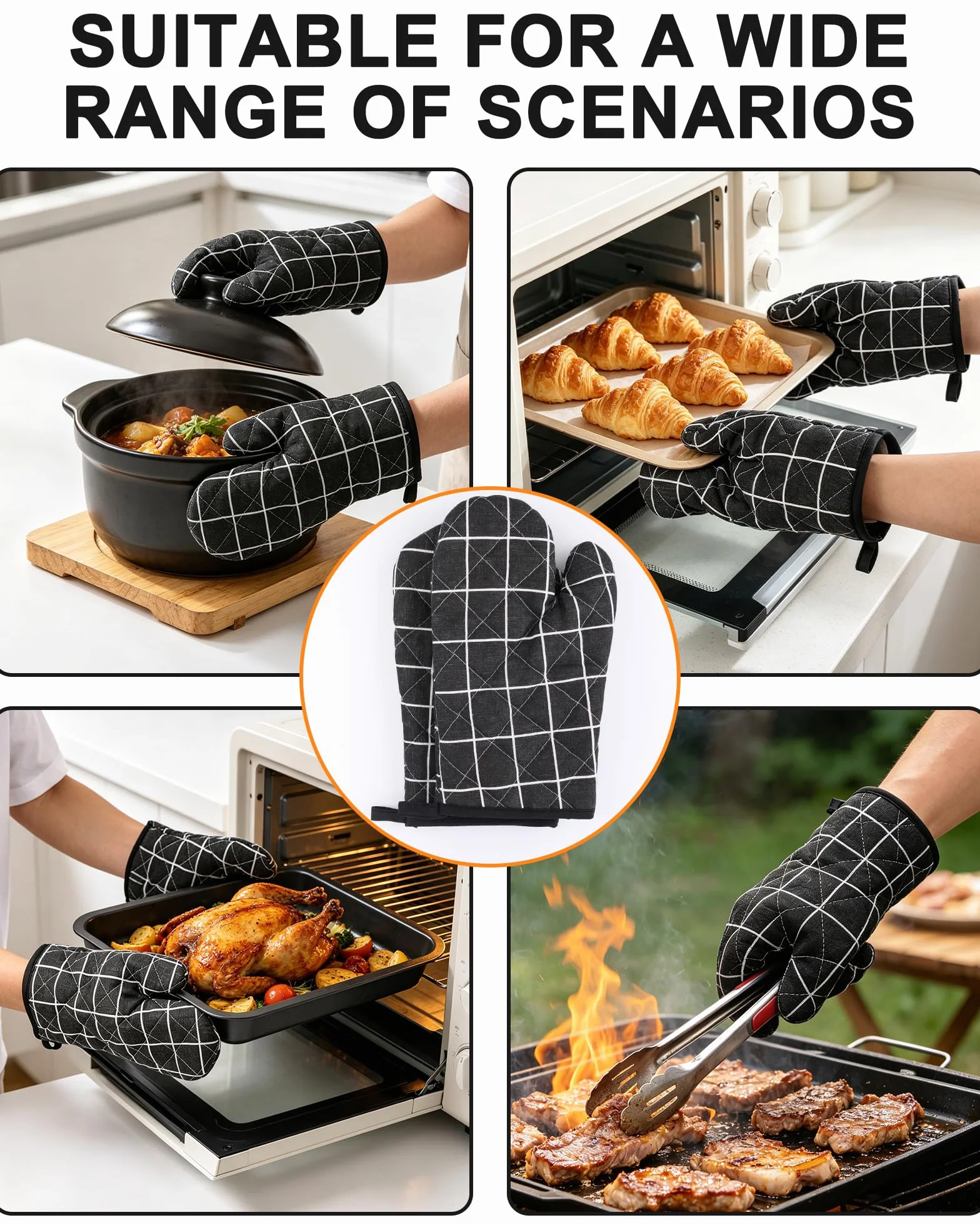 Rękawice do Piekarnika, 1 Para Rękawic Kuchennych Odpornych na Wysokie Temperatury, Wykonane z Bawełny i Poliestru, Można Prać w Pralce do Pieczenia, Gotowania i Grillowania, Czarne