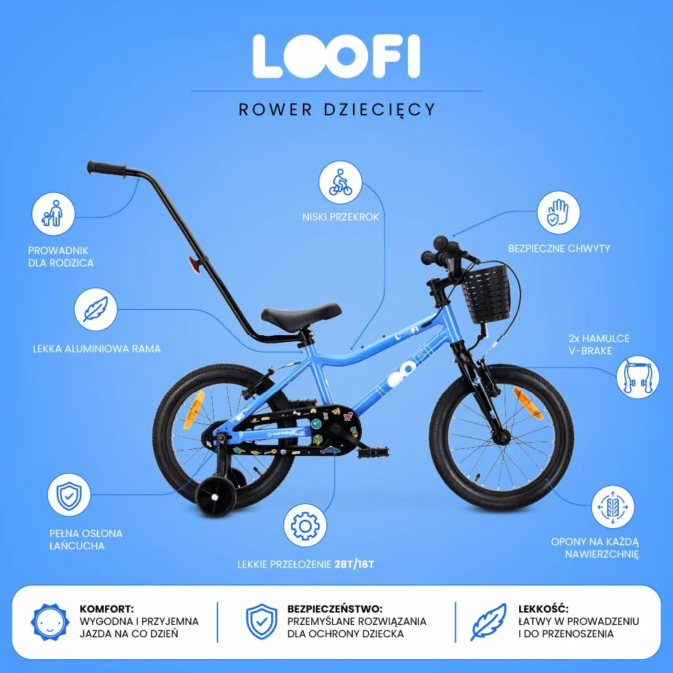 Sun Baby Rower Dziecięcy LOOFI 12 14 16 Cali, Dziewczęcy i Chłopięcy 2-6 Lat, Max 50 kg - lekka rama aluminiowa, z kółkami bocznymi, koszykiem, dzwonkiem, naklejkami