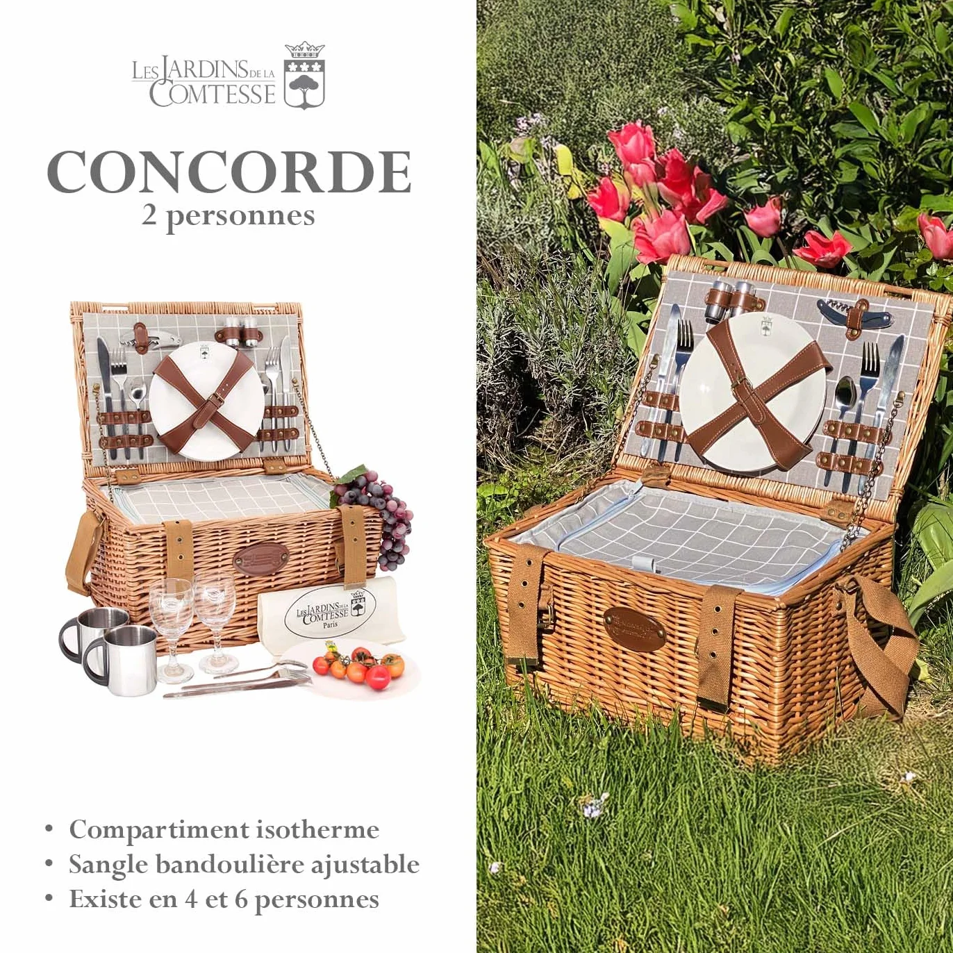 Les Jardins de la Comtesse - Wiklinowy kosz piknikowy - 2 osoby/izolowana chłodziarka/talerzy/kieliszki do wina/aluminiowe podkładki - tkanina w kolorze białym i szarym - 42 x 30 x 23 cm