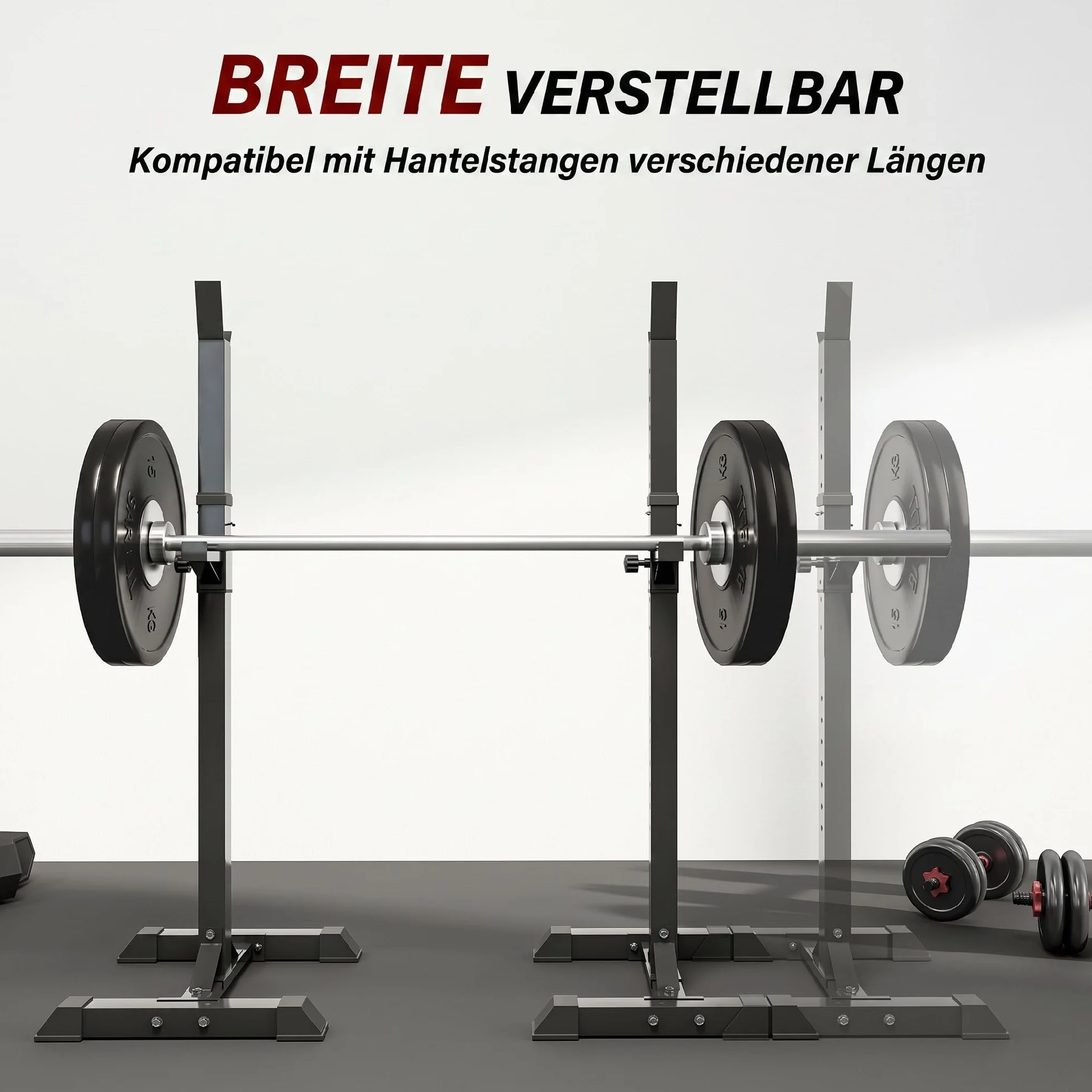 HOMCOM Stojak na hantle, zestaw 2 szt., stojak na długie hantle z regulacją wysokości, sztanga długa z gumowymi nakładkami, 105-160 cm, trening siłowy, do 150 kg, stal