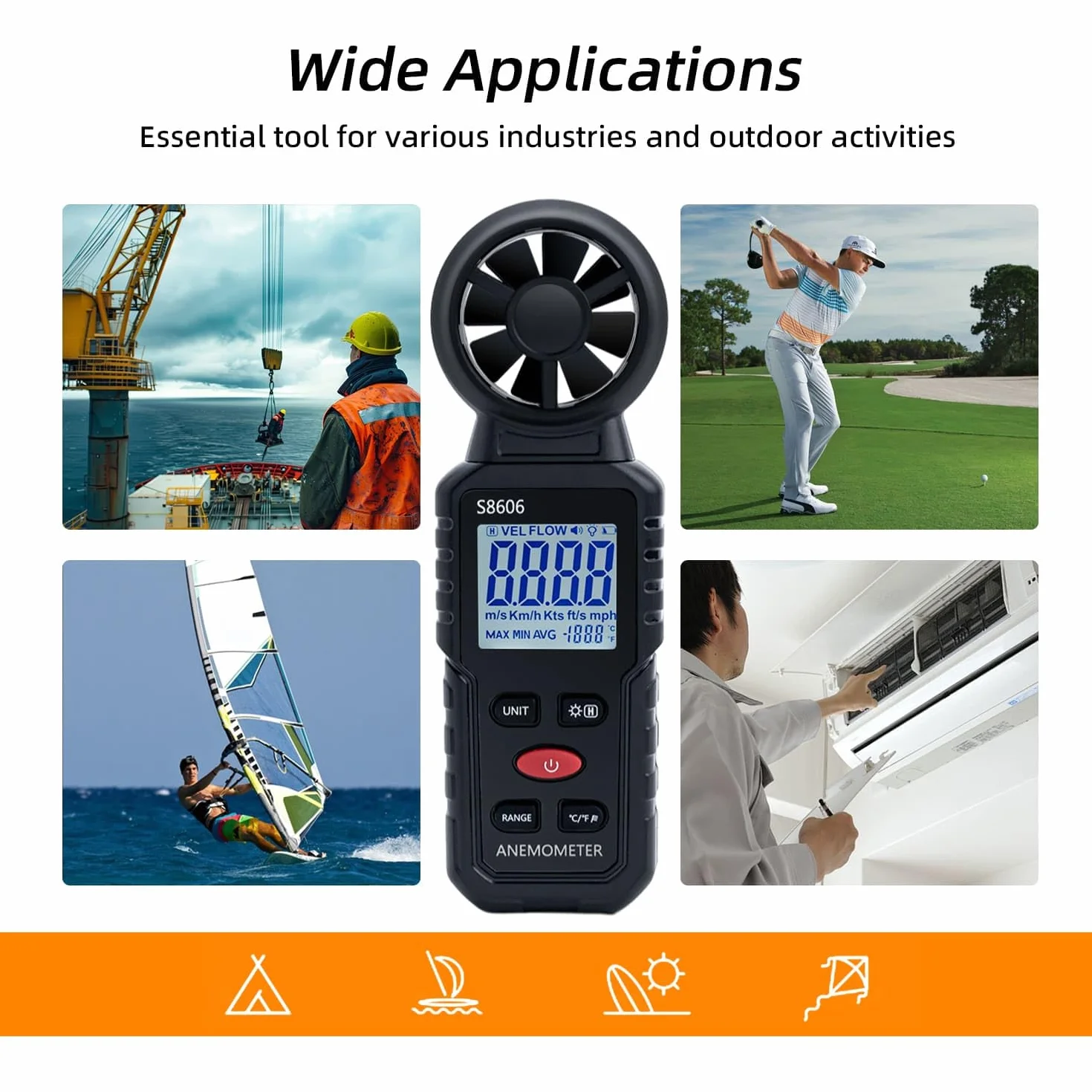 Mcbazel 3 w 1 Cyfrowy Anemometr z wyświetlaczem LCD, miernik prędkości wiatru Tester prędkości przepływu powietrza Termometr zewnętrzny Drony, Polowanie, wędkowanie