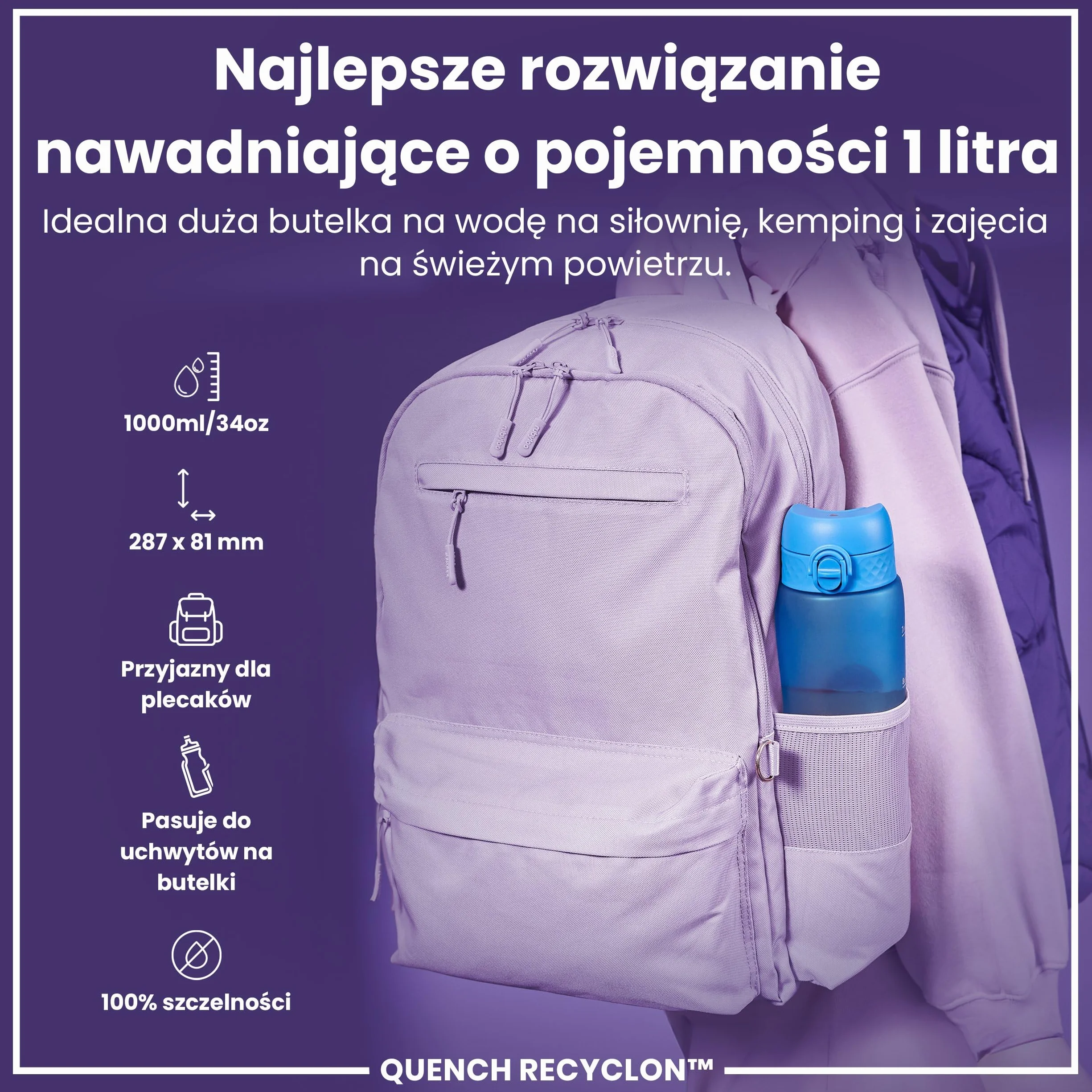 ION8 Butelka na Wodę 1 L z Oznaczeniami Czasu Picia, Łatwe Otwieranie, Uchwyt, Można Myć w Zmywarce, Niebieski Różowy