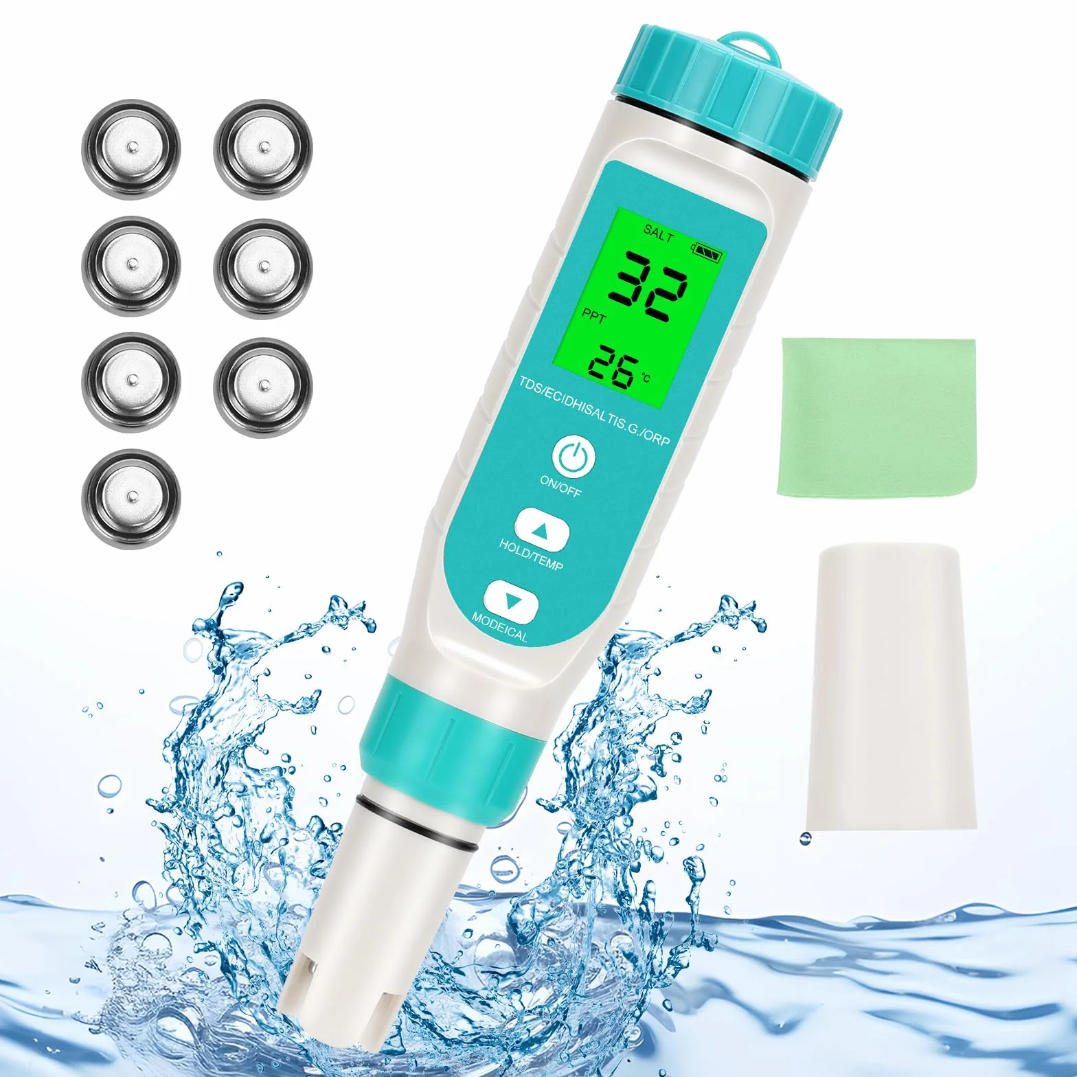WADEO Miernik ph, 7 w 1 miernik ph wody do PH/TDS/EC/zasolenia/S.G/Gold/Temperatura, phmetr z wyświetlaczem LCD, precyzyjny test wody pitnej do wody pitnej, basenu, akwarium
