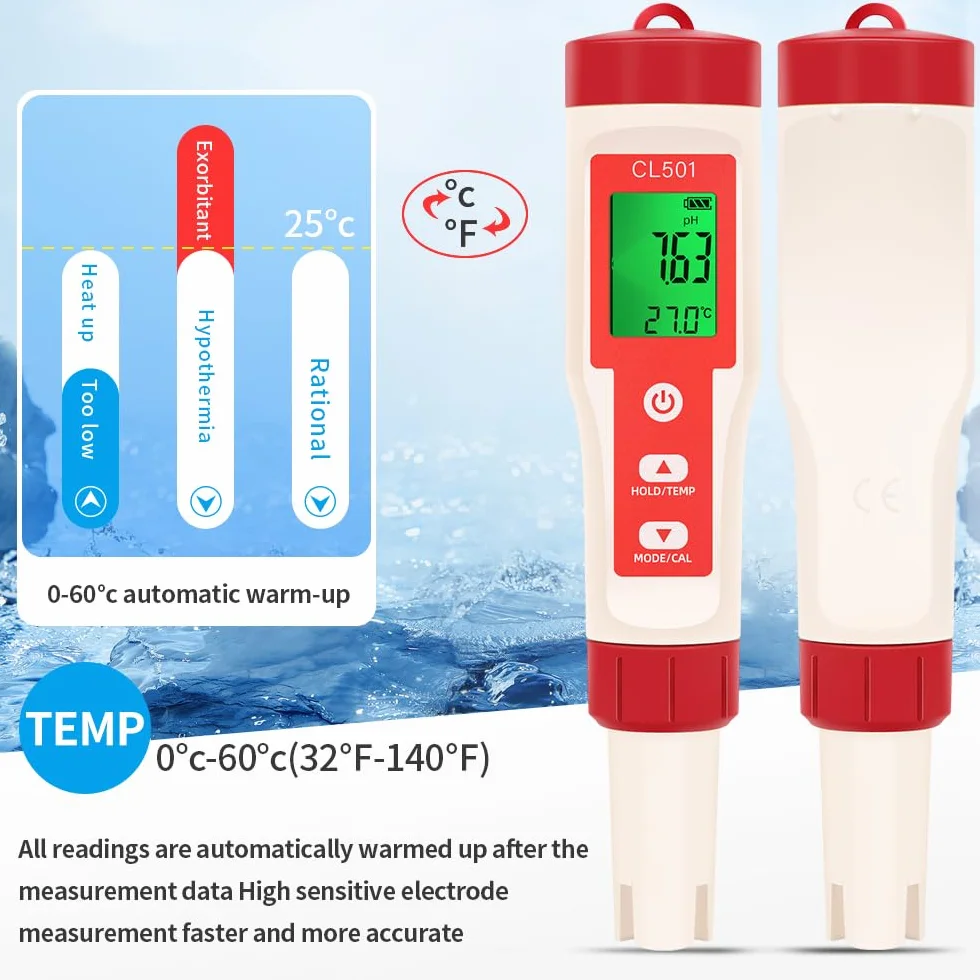 OBEST Miernik chloru i pH basen 5 w 1, phmetr ORP H2 Temperatura, test twardości wody, tester pH do basenu z wyświetlaczem LCD, miernik pH wody pitnej, spa lub laboratorium