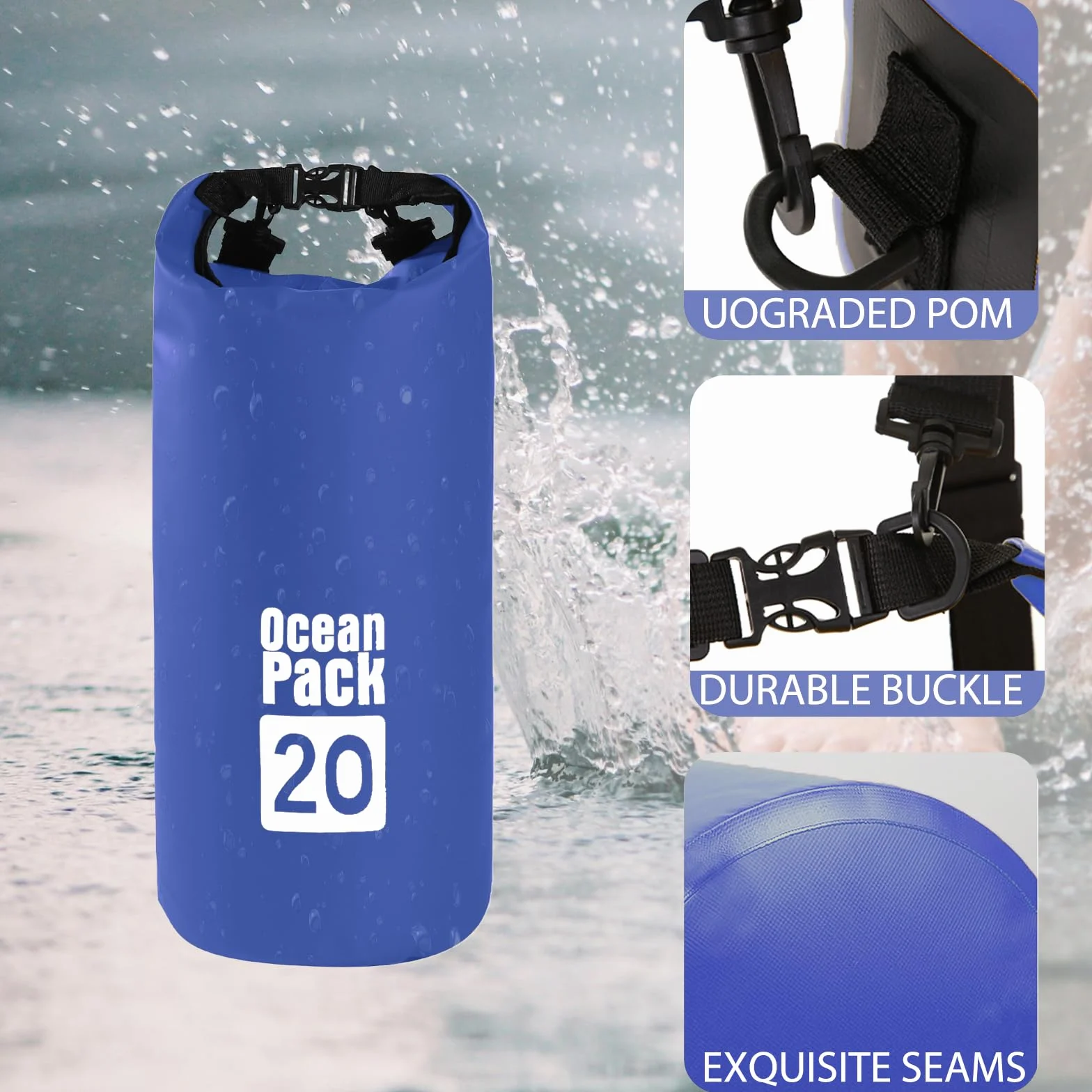 20L Niebieska wodoszczelna torba, Dry Bag 2L/5L/10L/15L/20L/30L z regulowanym paskiem, chroni telefon/kartę, worek wodoodporny z rolowanym górnym zamknięciem na plecak do pływania/raftingu/kajaka