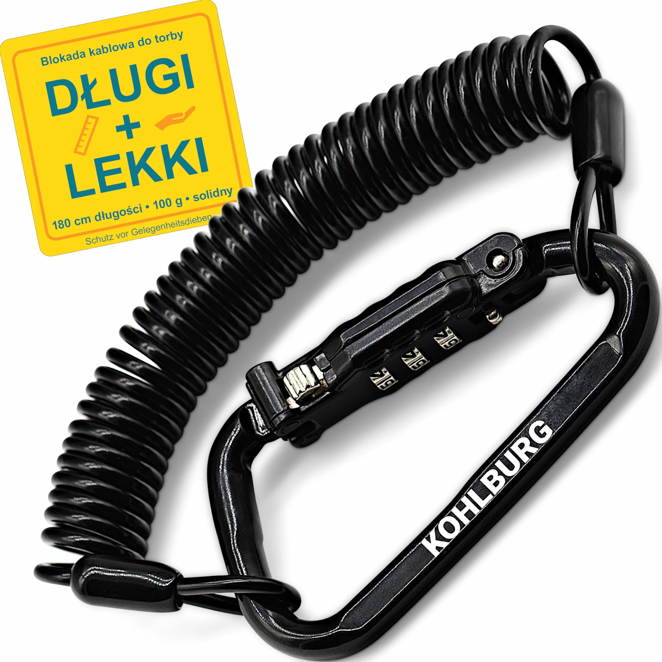 KOHLBURG mini zamek szyfrowy 180 cm linka stalowa 3 mm