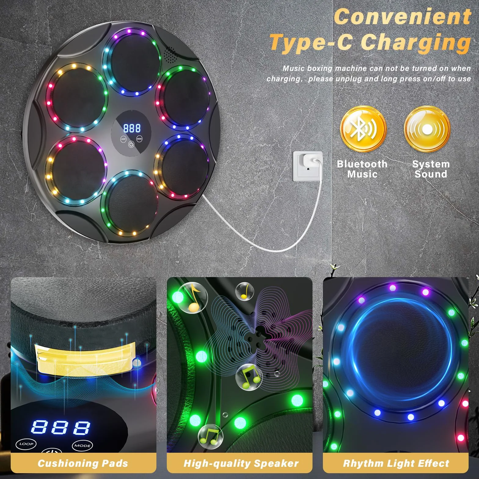 TODO Music Boxing Machine, Smart Bluetooth LED, urządzenie bokserskie z muzyką, 9 trybów prędkości i kolorowe światła, dla dzieci i dorosłych, prezent na Boże Narodzenie