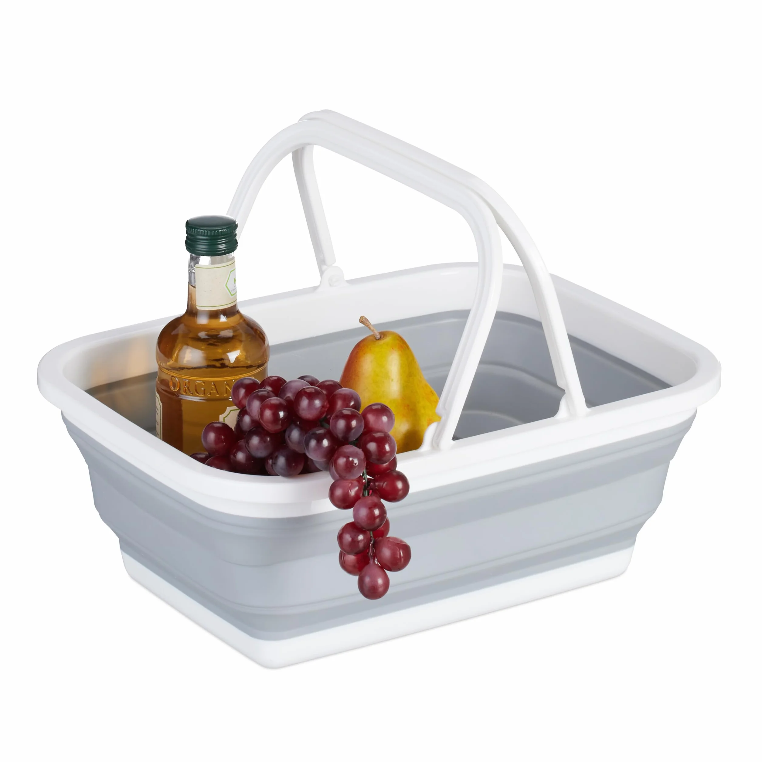 Relaxdays Składany kosz z uchwytem, 8 l, przenośny kosz piknikowy, kemping i zmywanie, wys. x szer. x gł.: 15,5 x 38,5 x 28,5 cm, biały/szary