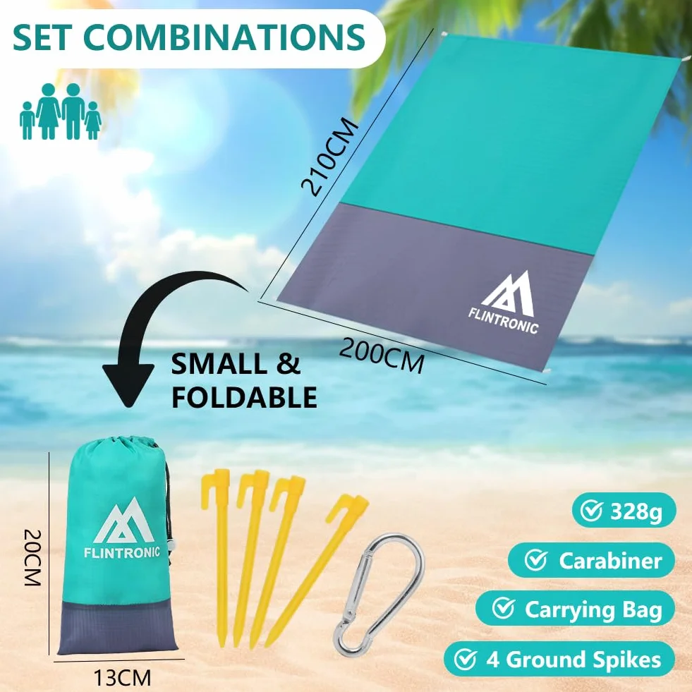 flintronic Koc plażowy, odporny na piasek, mata plażowa, bez piasku, duży koc piknikowy, wodoodporny, 210 x 200 cm, dla 4-6 dorosłych, na kemping, wędrówki, plażę, piknik
