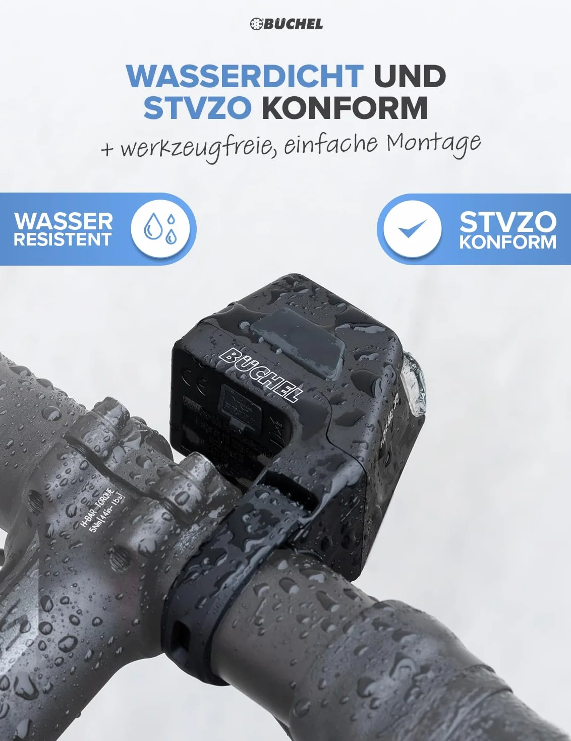 Büchel Ahead światło przednie I 35/15 luksów, dokładnie na środku kierownicy, dopuszczone do ruchu drogowego i odporne na deszcz oświetlenie LED do roweru, przednie światło, czarne