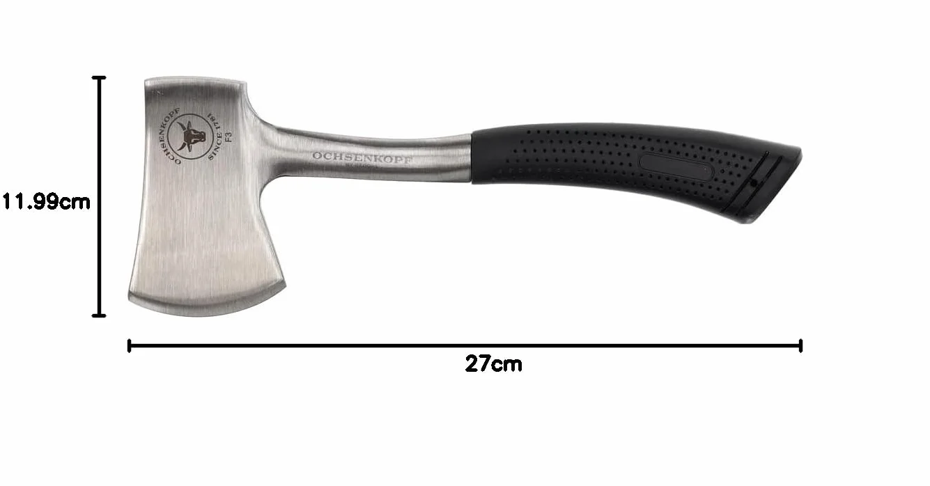 Ochsenkopf Toporek w całości stalowy, głowa i trzonek kute z jednego kawałka, tylna strona do wbijania, skórzana torba ze szlufką na pasek, 36,0 x 14,5 x 3,0 cm, srebrna