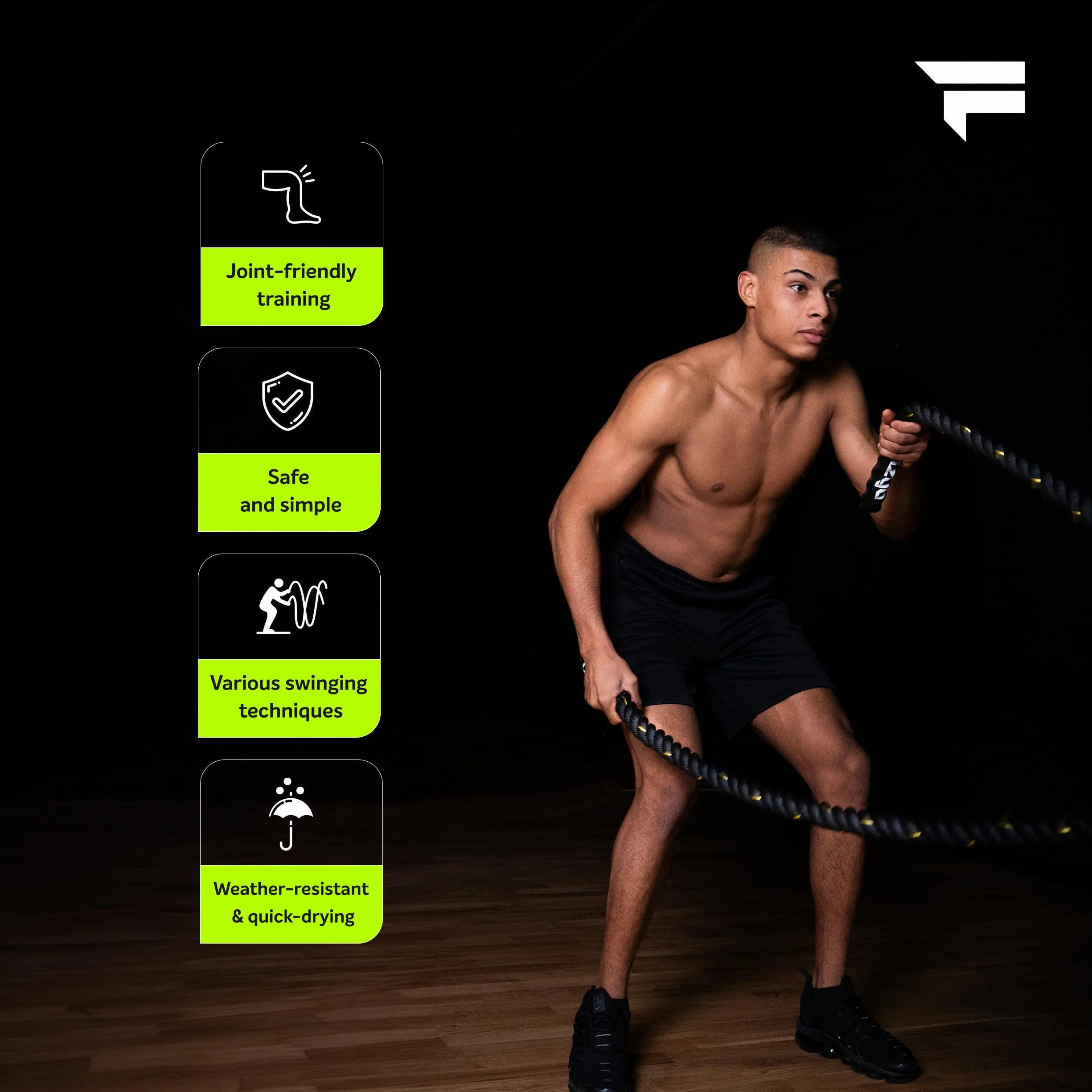 Fizyo Profesjonalna Lina Treningowa z Powlekanymi Końcówkami 9m - Battle Rope do Treningu Funkcjonalnego, Siłowego, Wytrzymałościowego i Koordynacyjnego, Uderzeniowa Lina Zamachowa do Ćwiczeń