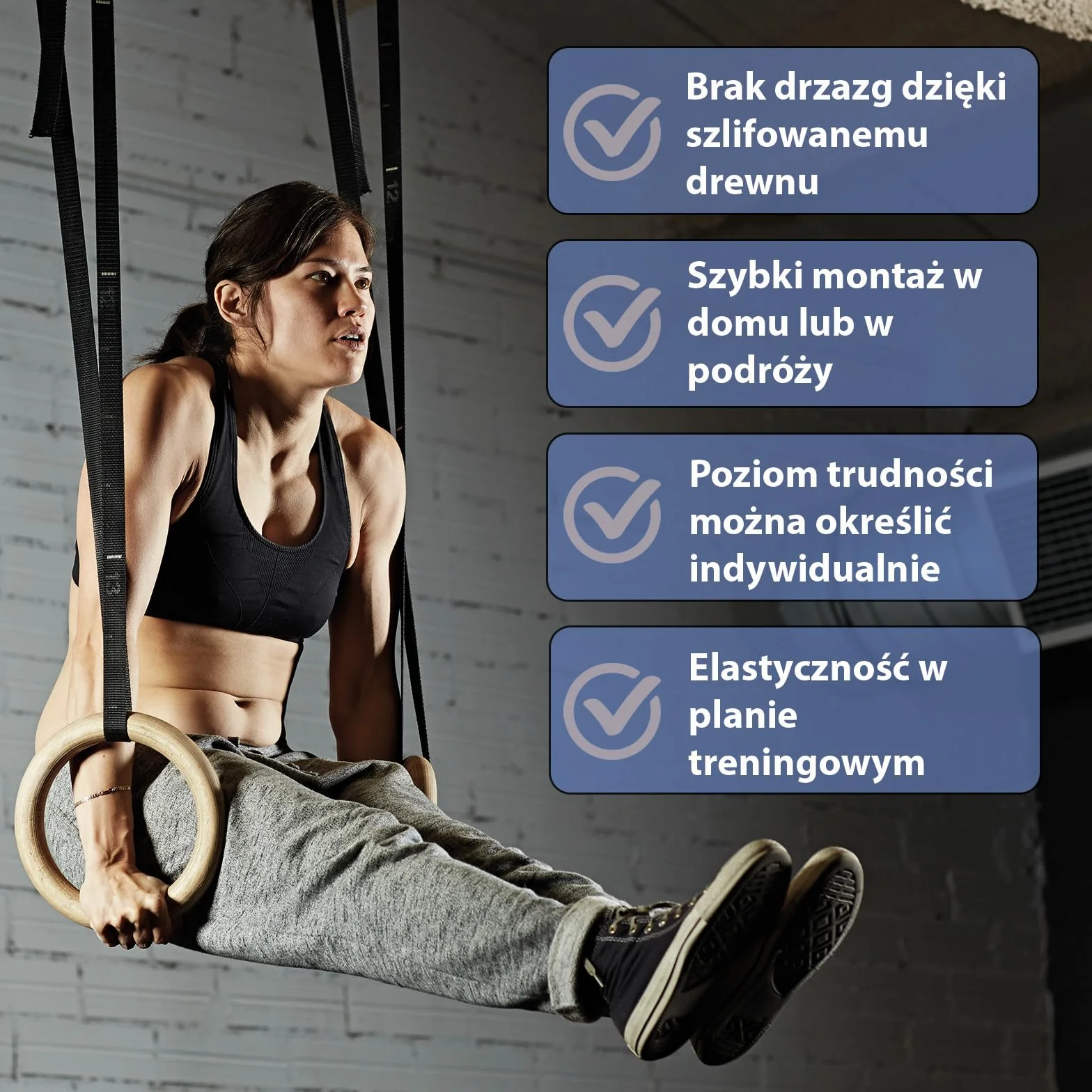 ALPIDEX Pierścienie gimnastyczne drewniane kółka obręcze kotwy do drzwi pasy mocujące z oznaczeniami długości trening ABS | e-book w zestawie