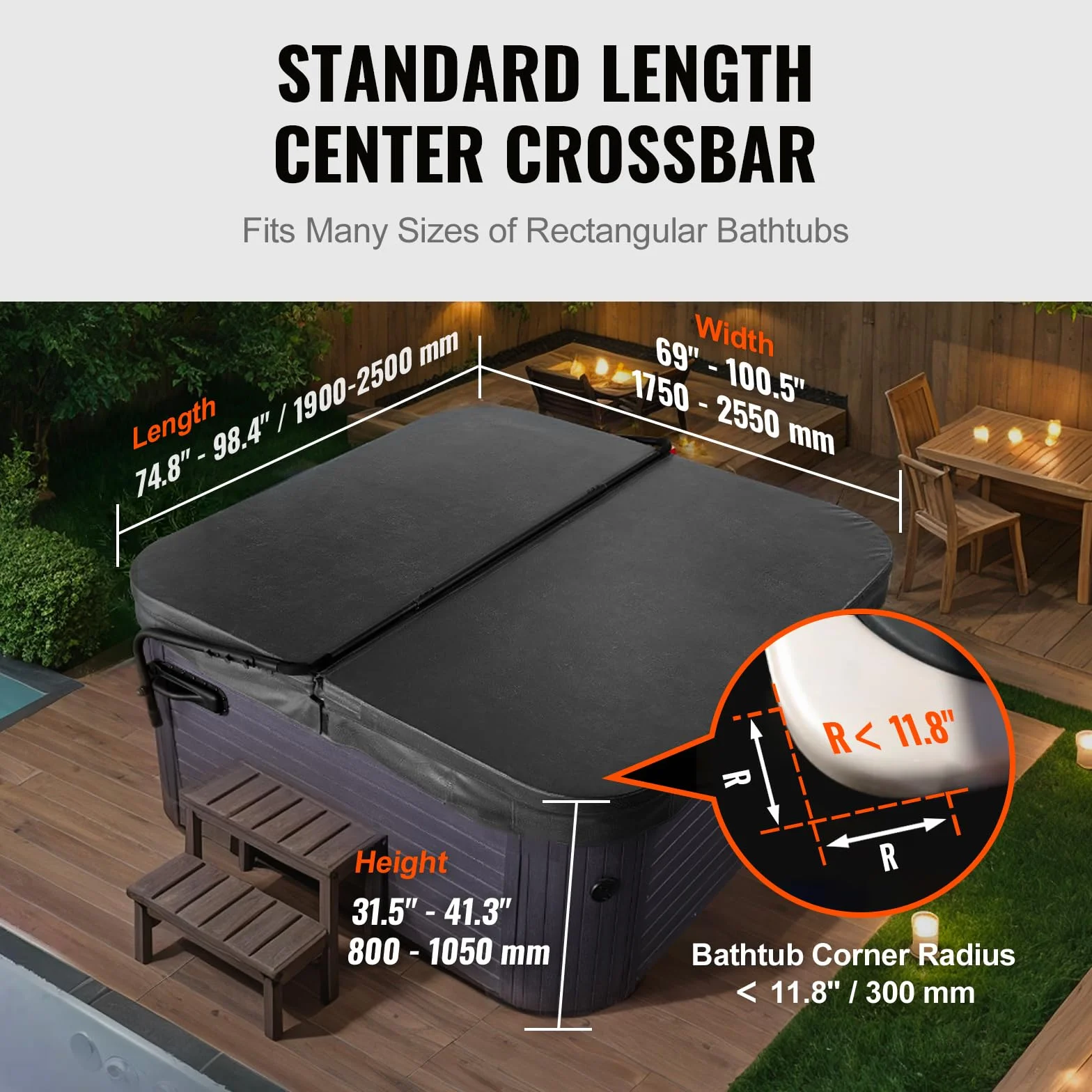 VEVOR Podnośnik osłon do jacuzzi, szerokość 175-255 cm, regulowana po obu stronach u góry, do wanny, jacuzzi, spa