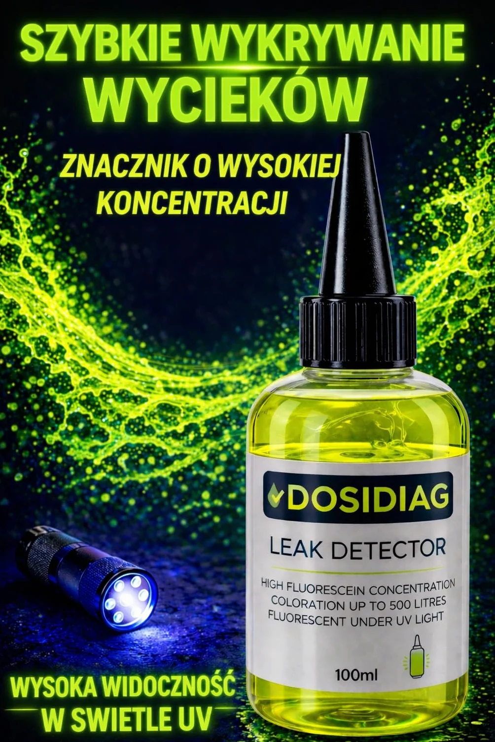 Detektor wycieku DOSIDIAG | Uniwersalny wykrywacz wycieków: basen, spa, instalacja sanitarna, dach, samochód | wysoka koncentracja fluoresceiny | barwnik do lokalizacji wycieków