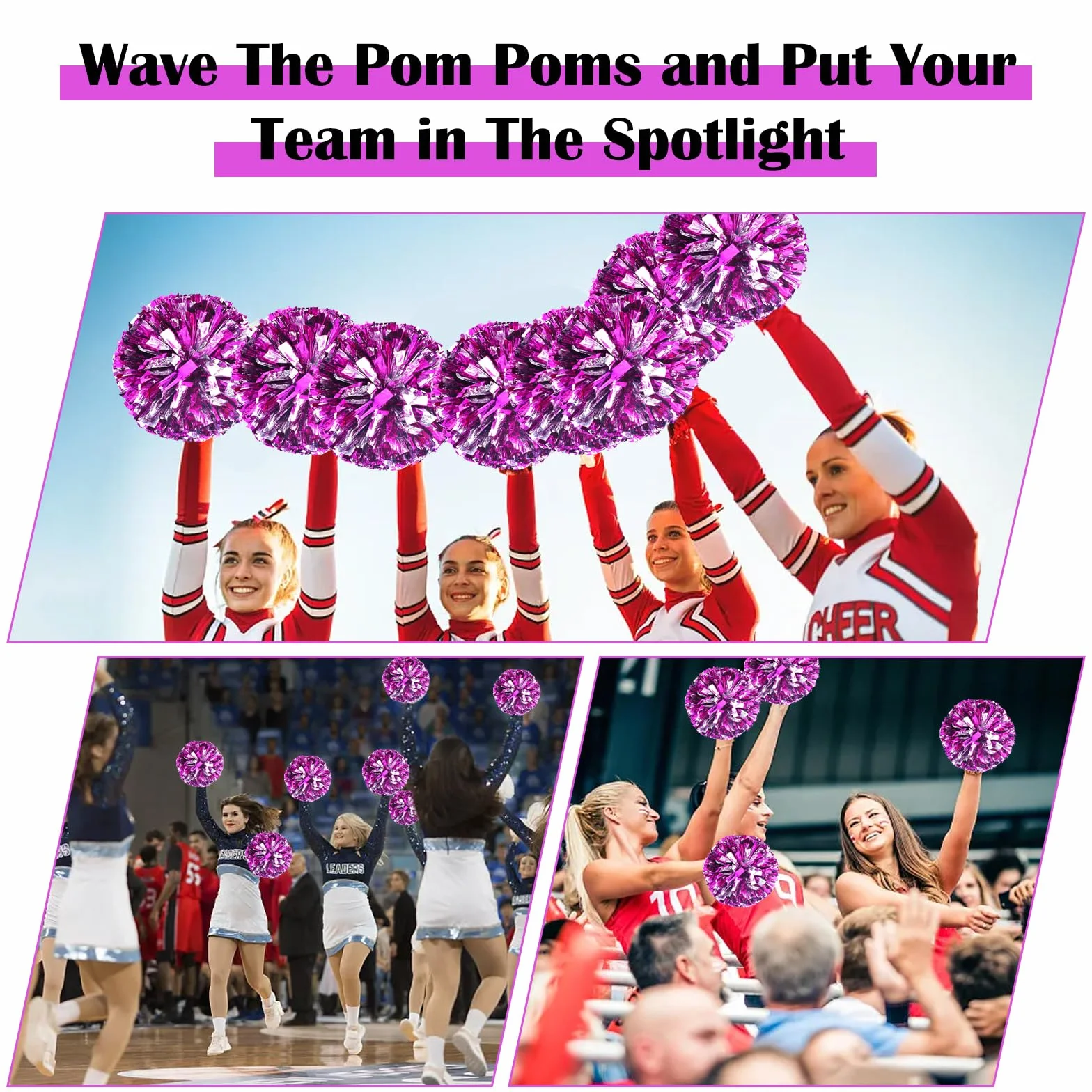 2 pompony cheerleaderek, pompony cheerleaderki, metalowe pompony z folii, sportowe pompony, metaliczne, piękne pompony cheerleaderki, kolorowe pompony dla dzieci, do uprawiania sportu, występów, tańca