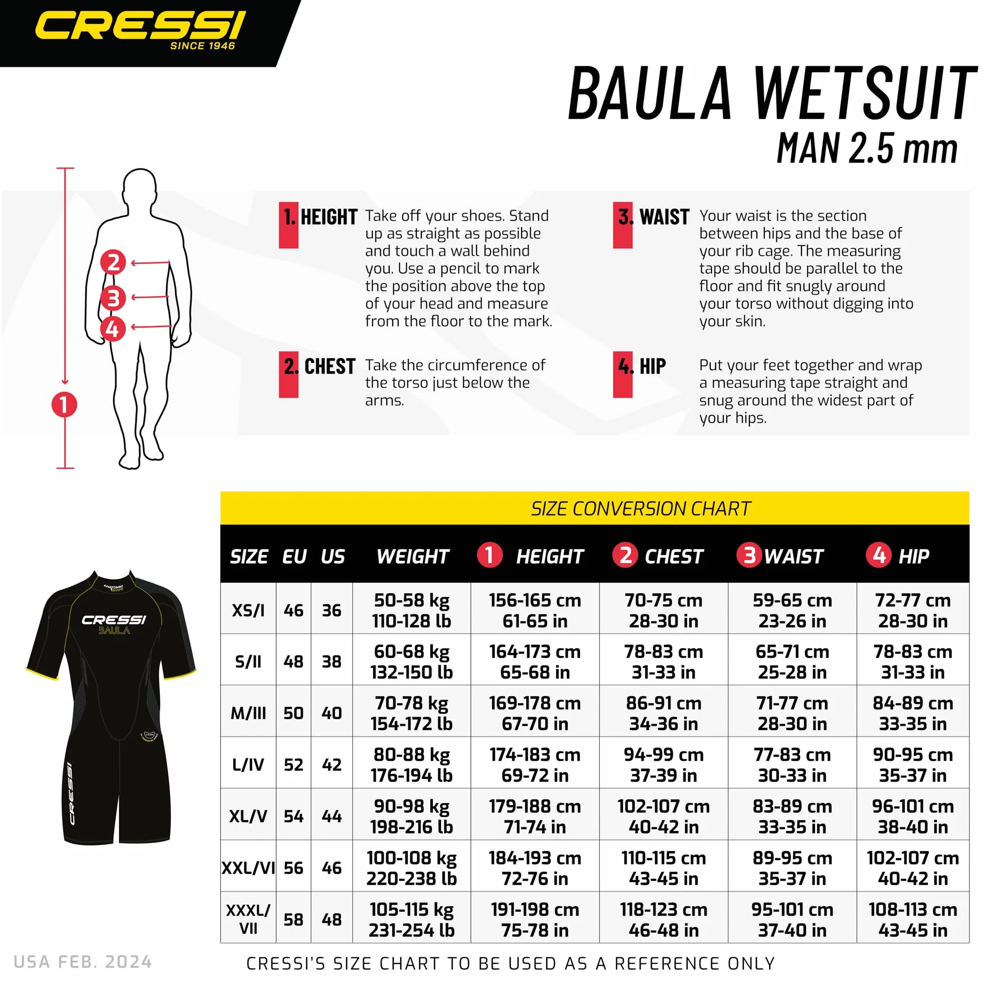 CRESSI Baula Man Shorty Wetsuit 2.5mm L Black/Yellow Double-lined Neoprene for Diving Snorkelling