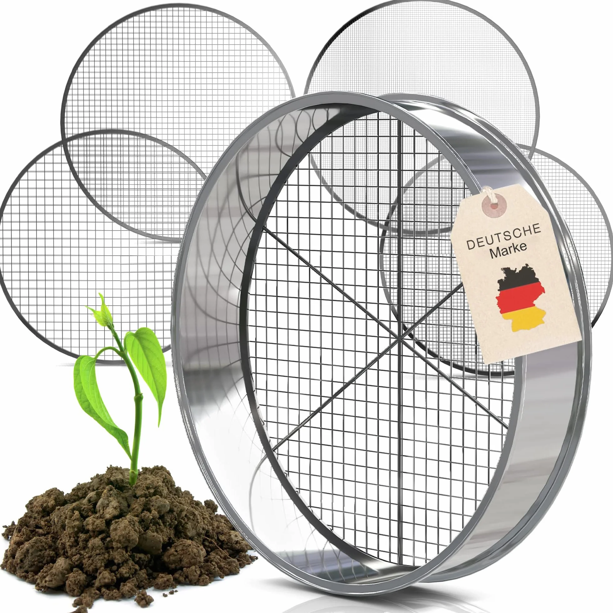 Tool Jungle – sitko ogrodowe ze stali nierdzewnej – w zestawie 5 wkładów sitkowych Ø 3,5, 8, 9,12 mm – sitko do kompostu odporne na działanie warunków atmosferycznych – z dodatkową poprzeczką