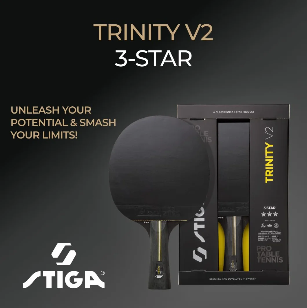 STIGA Trinity V2 kij do tenisa stołowego – 3-gwiazdkowe ostrze, guma zatwierdzona przez ITTF, ergonomiczny uchwyt, dla ofensywnych graczy