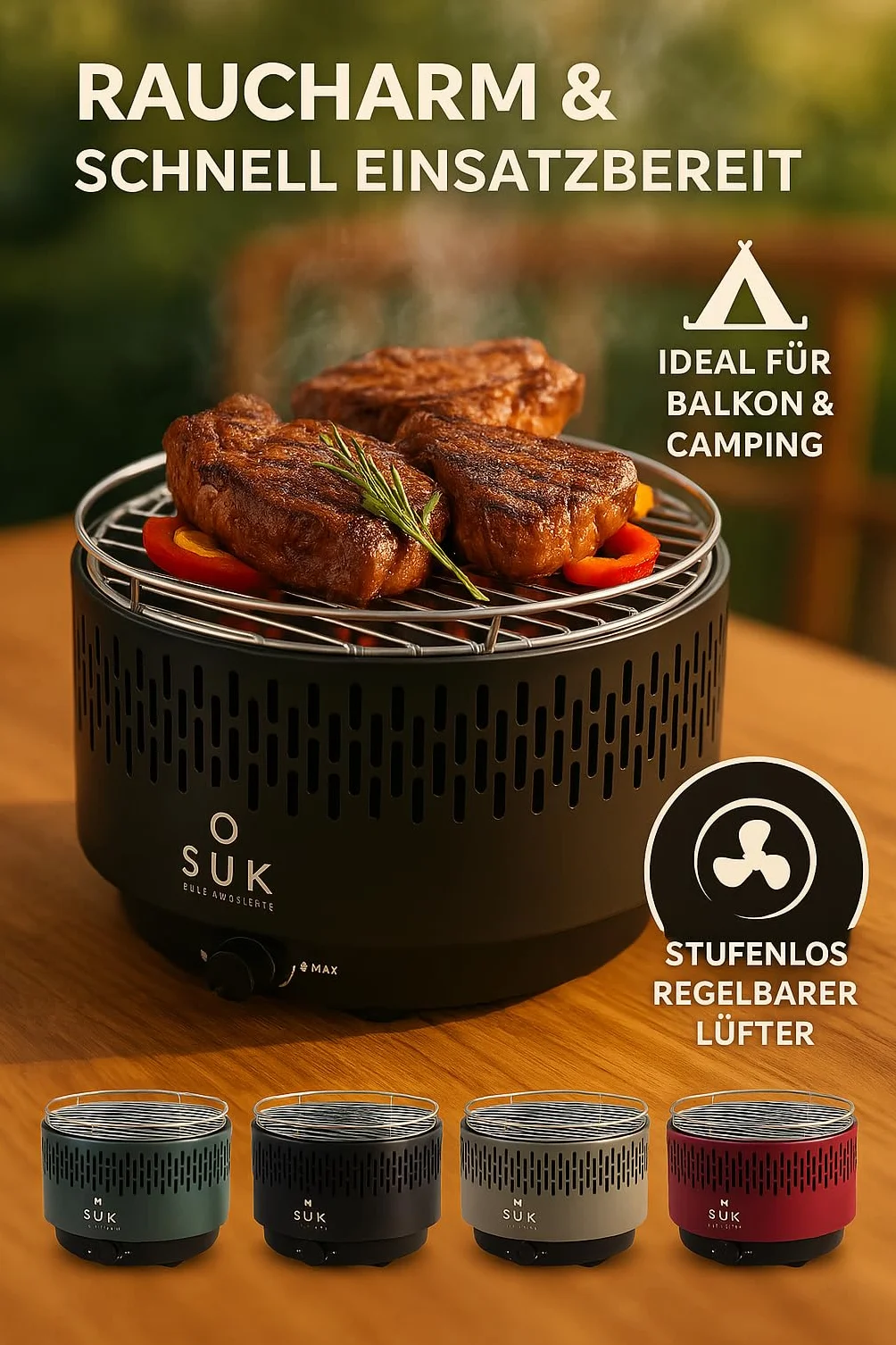 Grill stołowy z aktywną wentylacją, grill na węgiel drzewny z wentylatorem, grill kempingowy BBQ Outdoor (czarny)