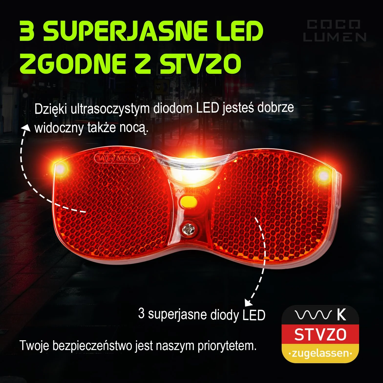 Tylne światło rowerowe LED z reflektorem, dopuszczenie do ruchu drogowego, zasilanie bez baterii