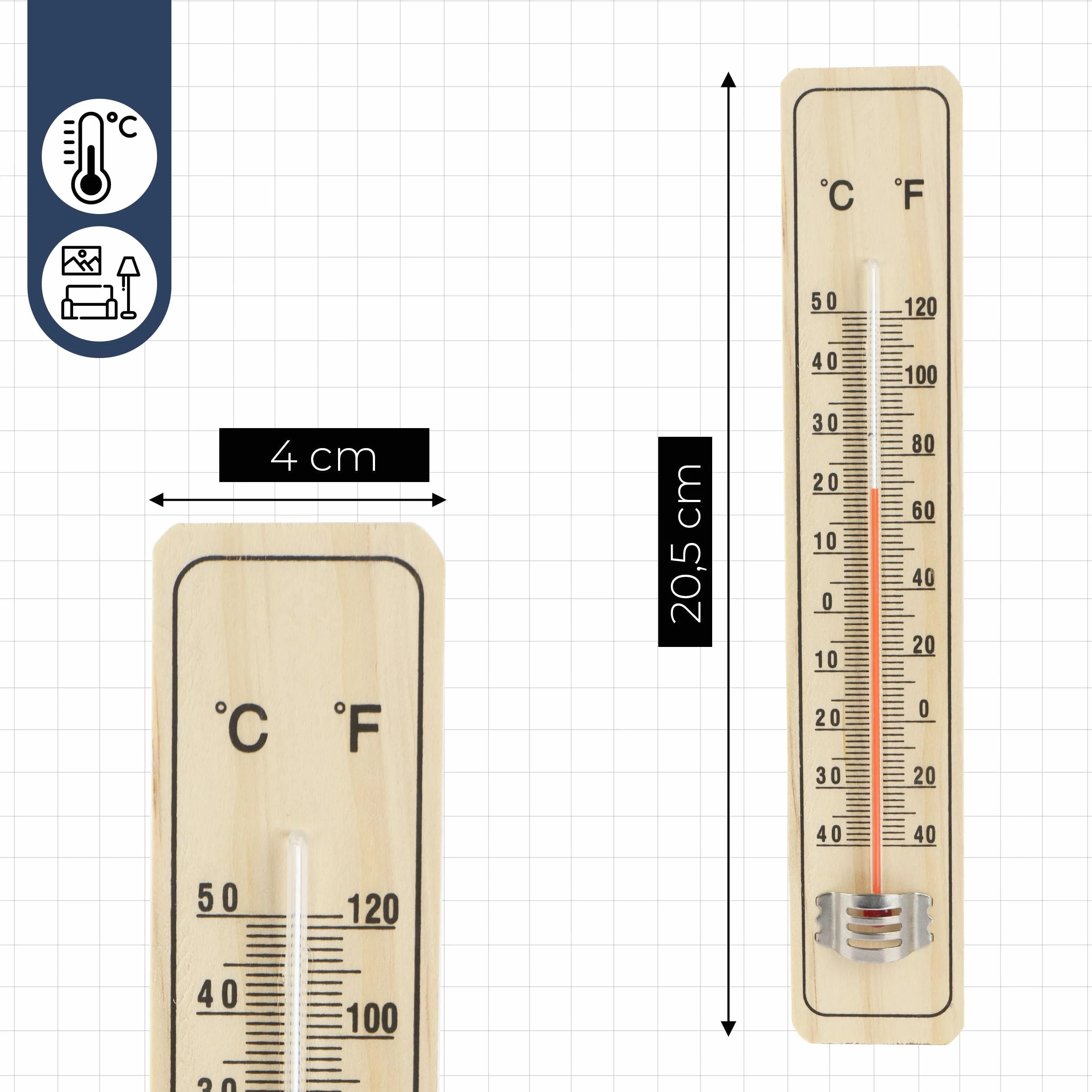 Termometr drewniany zewnętrzny wewnętrzny pokojowy zaokienny za Okno - 40 +50 °C, balkonowy ogrodowy 20,5 x 4 x 0,8 cm Mocowany na Wieszak