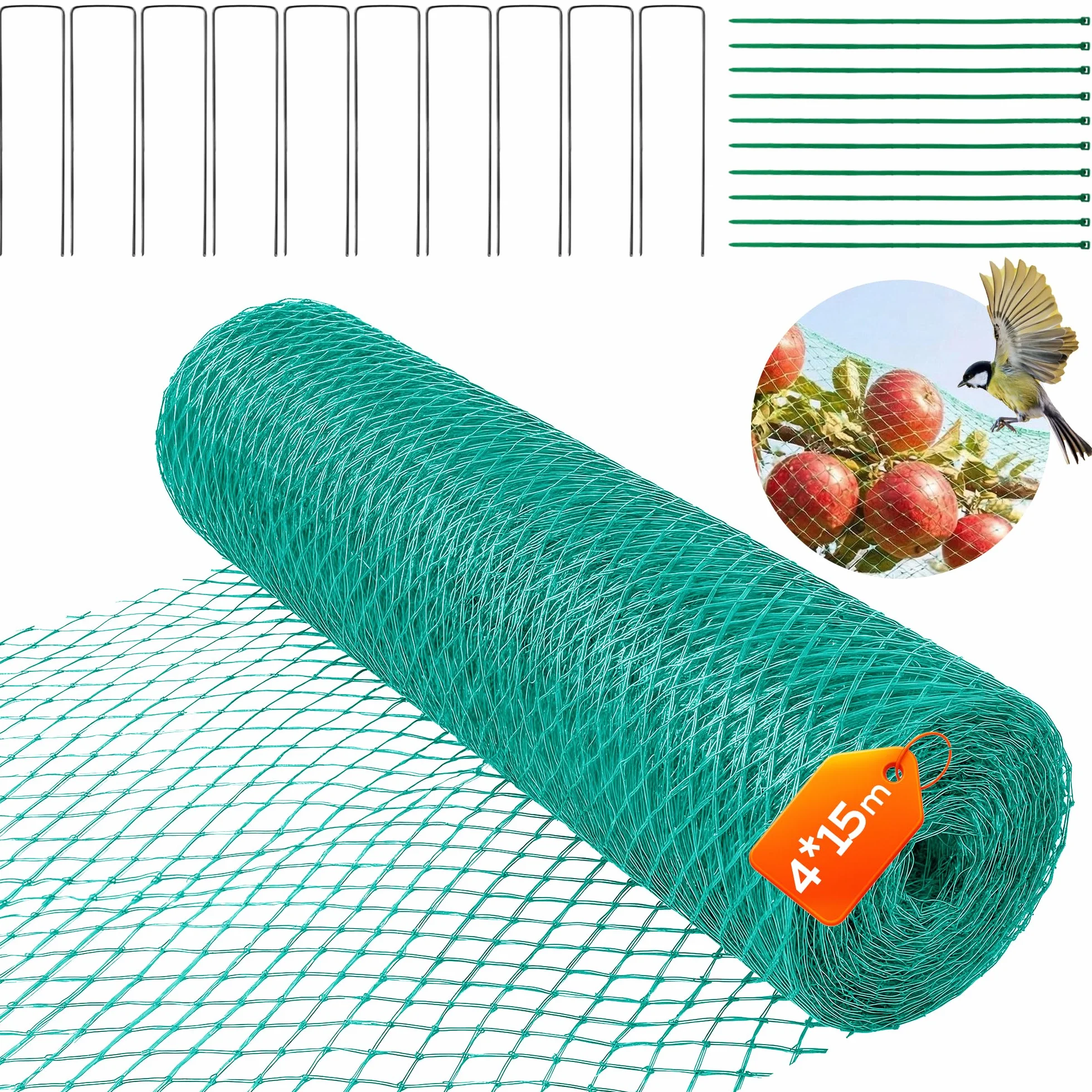 Siatka na ptaki 4x15 m, oczka 15x15 mm, solidna, UV i odporna na warunki atmosferyczne. Z 30 kotwami gruntowymi i opaskami – idealna do wiśni, stawu, drzew owocowych, gołębi, ogrodu, balkonu