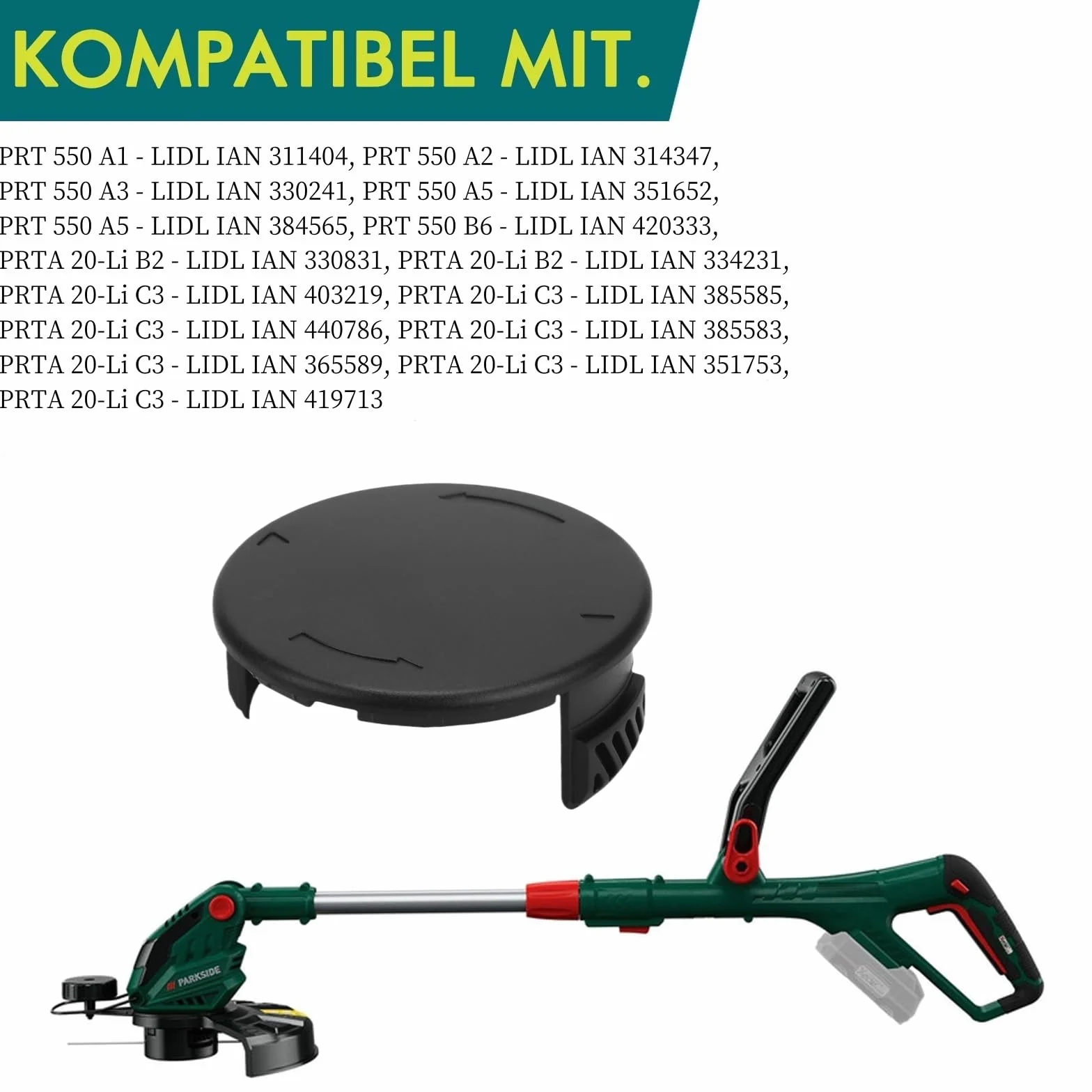 Pokrywa szpuli pasująca do akumulatorowych elektrycznych podkaszarek do trawy Parkside LIDL PRT 550 A1, PRT 550 A2, PRT 550 A3, PRT 550 A5, PRTA 20-Li B2, PRTA 20-Li C3, osłona szpuli (3