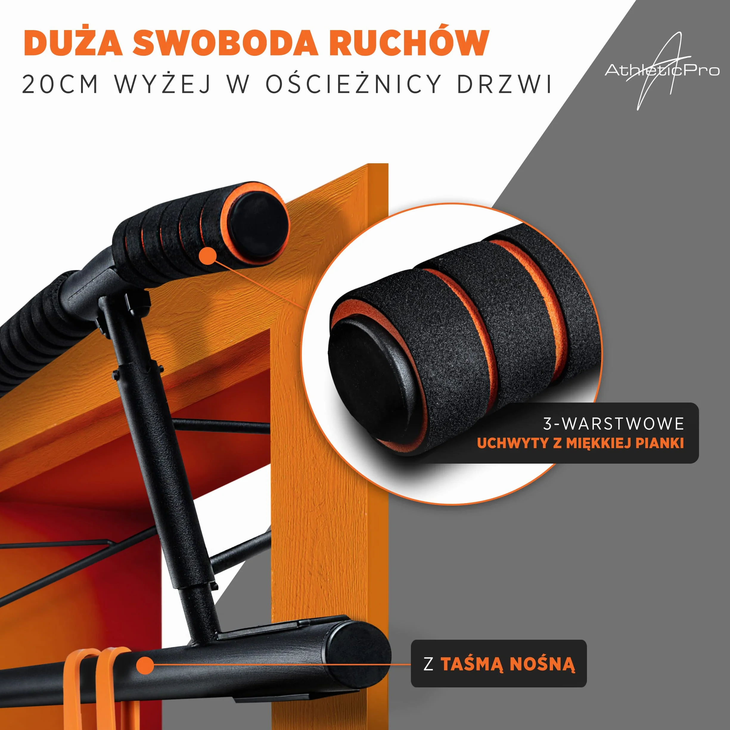 AthleticPro - Drążek do podciągania, rama drzwi ze stacją do dipów – obciążenie do 200 kg – bezpieczny drążek do podciągania – 20 cm wyższy w ramie – Dips & Push Up