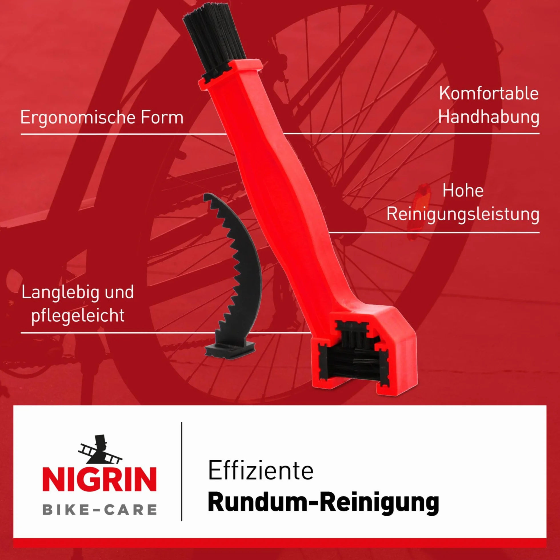 NIGRIN Szczotka do czyszczenia łańcucha rowerowego, 3 w 1, narzędzie wielofunkcyjne, do czyszczenia łańcuchów, zębatek, przerzutek, łatwa wymiana, czarna, czerwona, 1 sztuka
