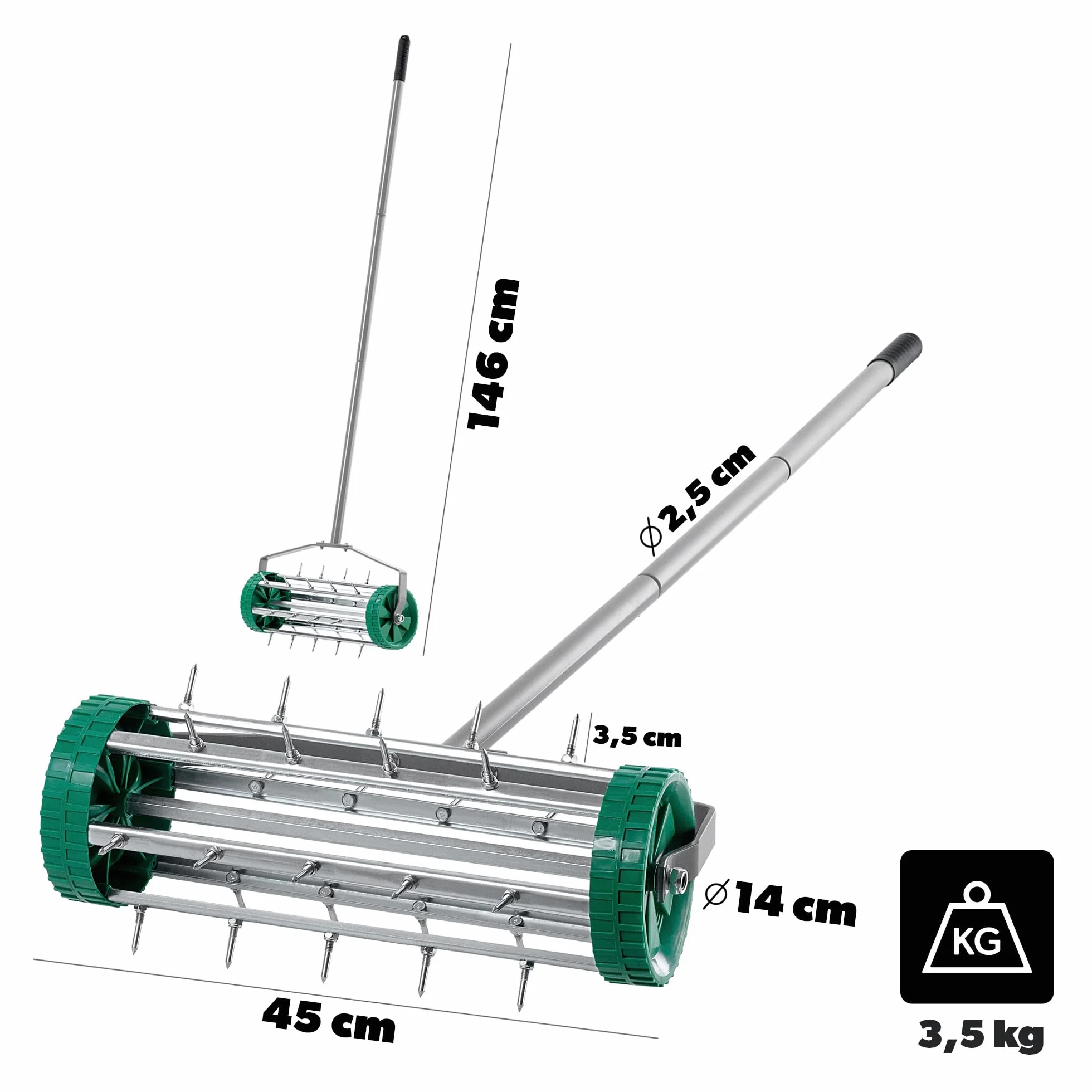 KADAX Ręczny wertykulator, napowietrzacz trawnika z wytrzymałej stali, ręczny aerator z gwoździami 3,3 cm, wentylator podłogowy z ergonomicznym uchwytem, wytrzymały wałek kolczasty (148 cm)