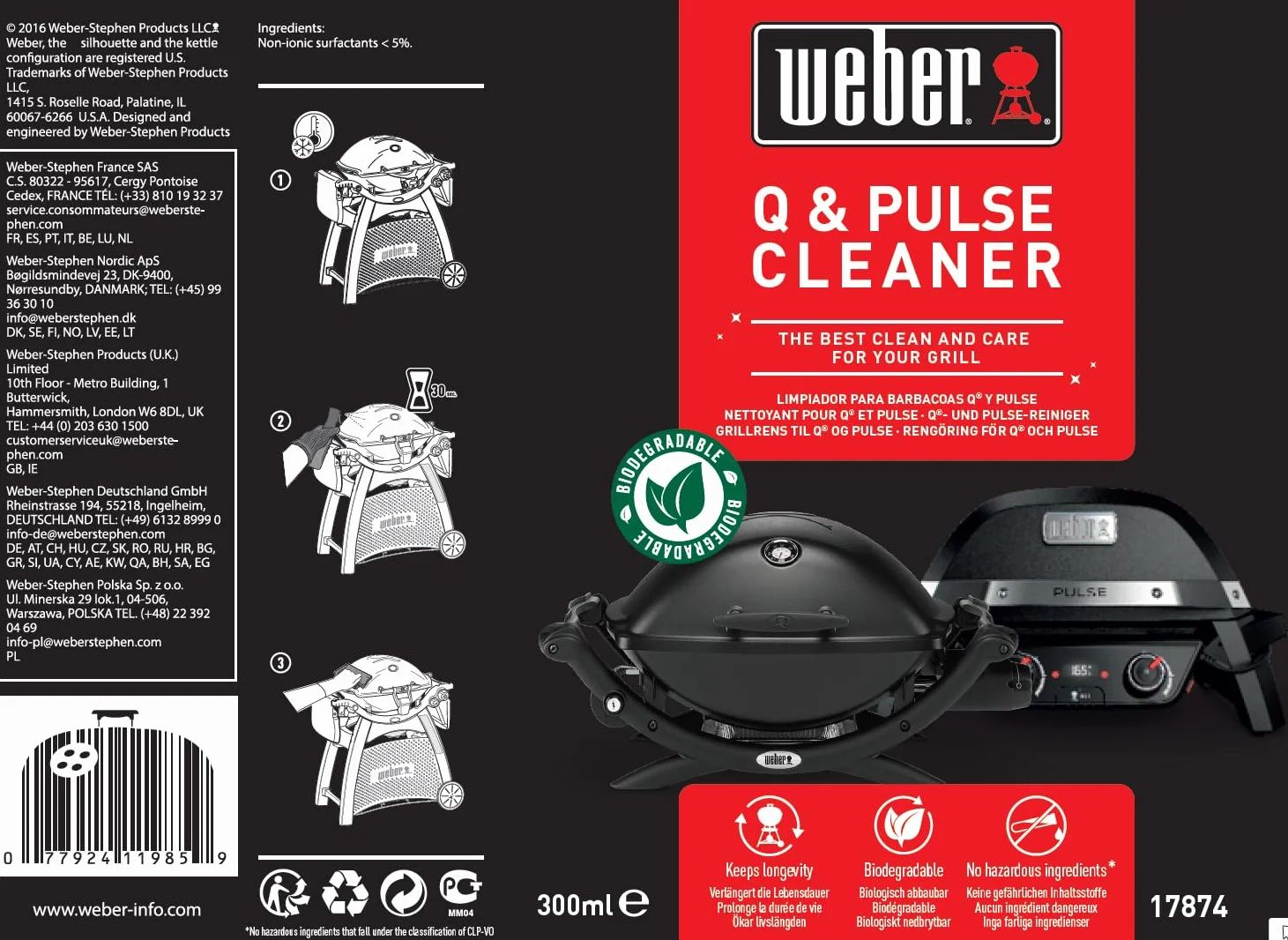 Weber Środek do czyszczenia Weber Q & Pulse 300ml, delikatny spray w mgiełce do czyszczenia zewnętrznych powierzchni modeli Weber Q i Pulse, biodegradowalny, Brak niebezpiecznych substancji (17874)