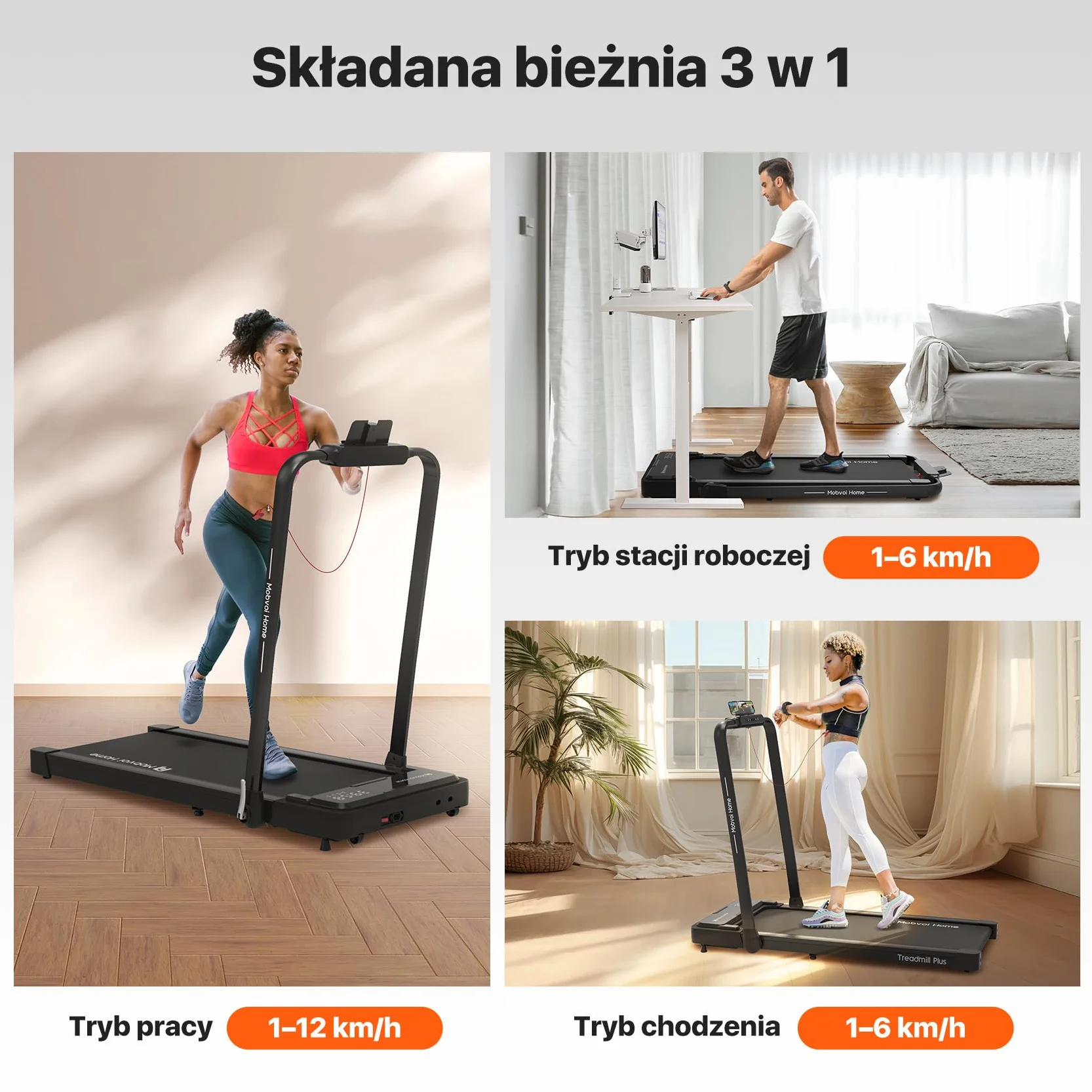 Mobvoi Home Treadmill Plus 3 w 1 składana bieżnia Walking Pad 2,5 KM Kompaktowa maszyna do biegania pod biurkiem do domu i biura Zdalne sterowanie Wyświetlacz LED Głośnik Duża 120 kg 12 km/h