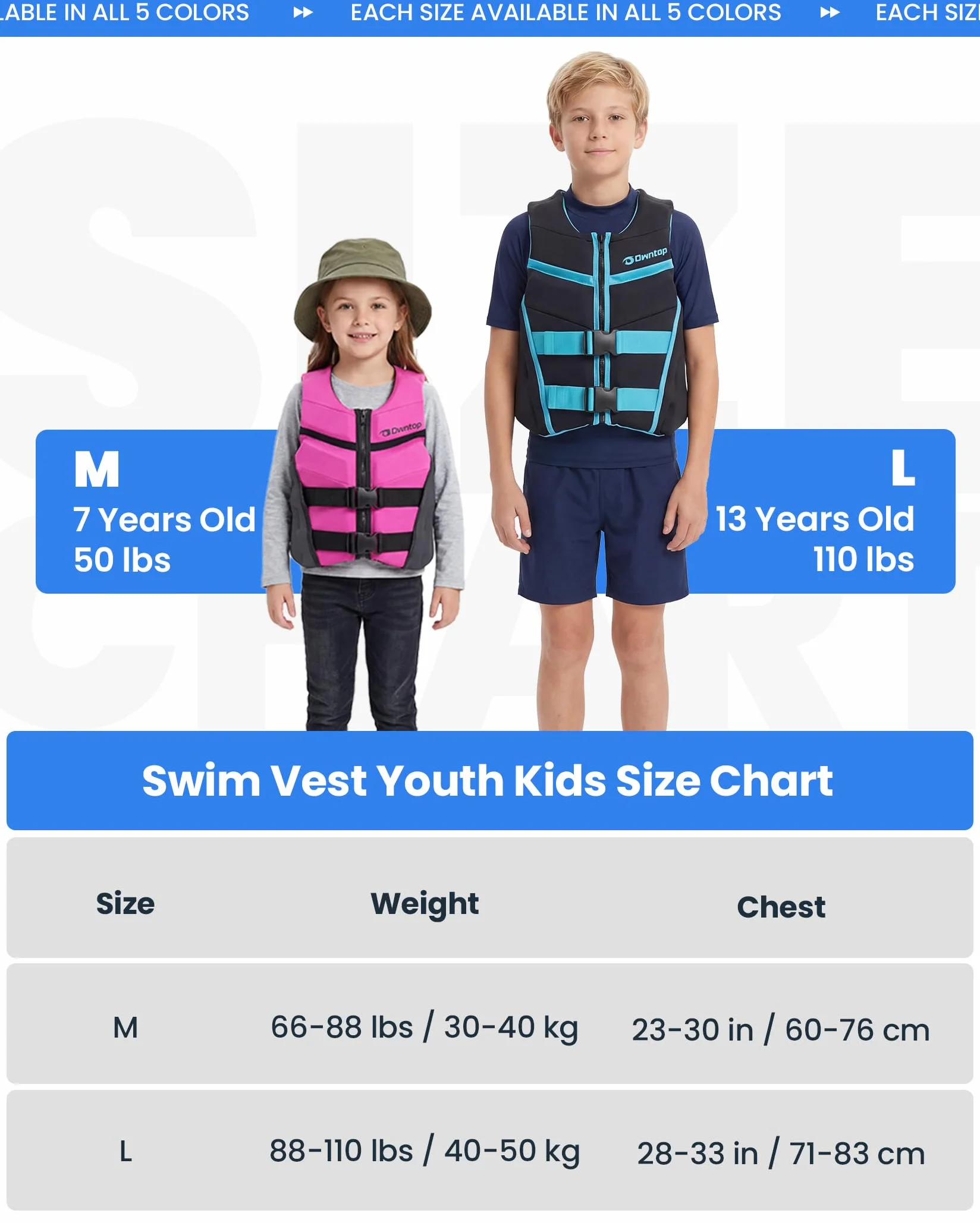 Owntop Pomoc wyporności dla nastolatków, dzieci, regulowana kamizelka do pływania, uniseks, kamizelka wyporowa z klamrami bezpieczeństwa, do paddleboardingu, kajakarstwa, wędkowania, żeglowania