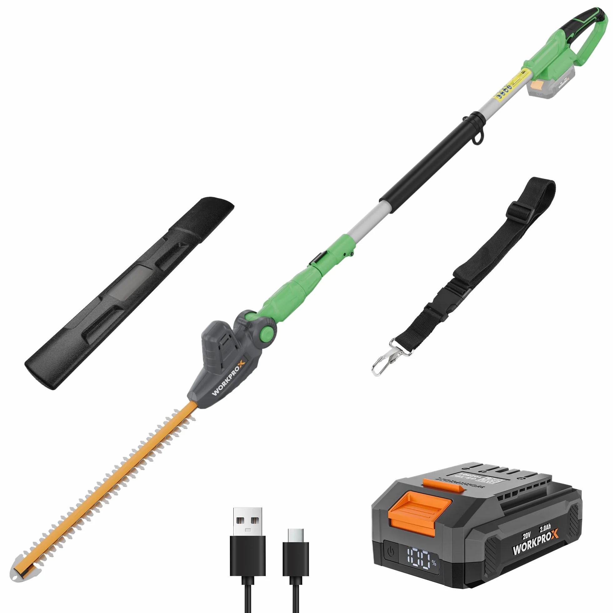 WORKPRO X akumulatorowe nożyce teleskopowe do żywopłotu 20 V z 2,0 Ah Batteie i kablem do ładowania typu C, długość cięcia 2,8 m, długość cięcia 45 cm, Ø 18 mm, podkaszarka do żywopłotu z drążkiem