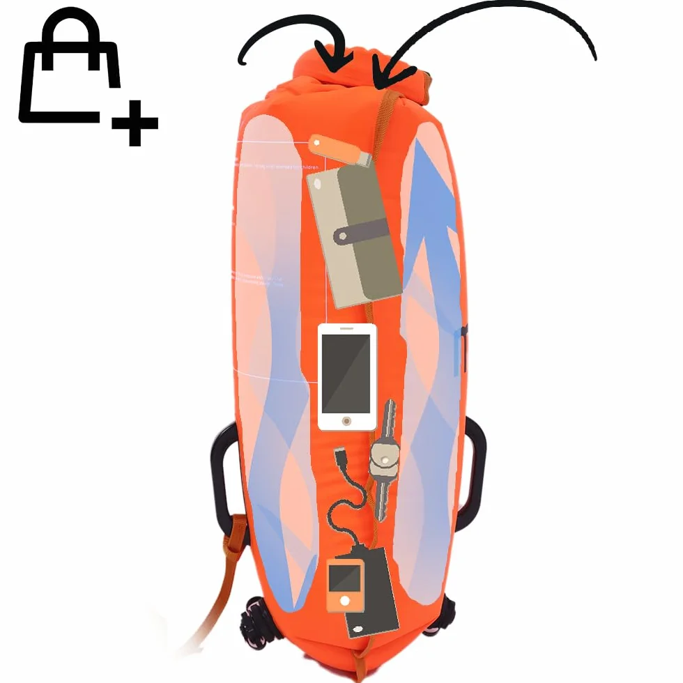 molti 2 w 1 nadmuchiwana boja do pływania i worek na sucho, 15 l, 28 l, boja dla dorosłych, Baywatch Boja z gwizdkiem alarmowym i pokrowcem na telefon komórkowy, kolor pomarańczowy, bezpieczeństwo