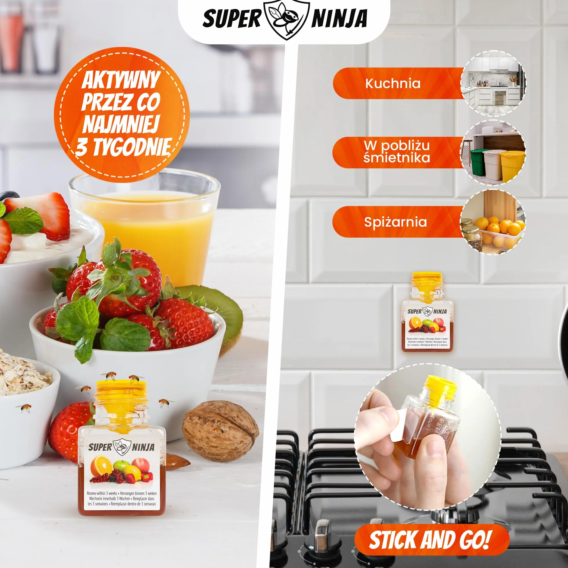 Super Ninja Pułapka na muchy owocowe - Ekologiczne i skuteczne pułapki na muchy owocowe do użytku wewnątrz pomieszczeń - Przyjazne dla środowiska - Do 3 tygodni na butelkę (4 Szt)