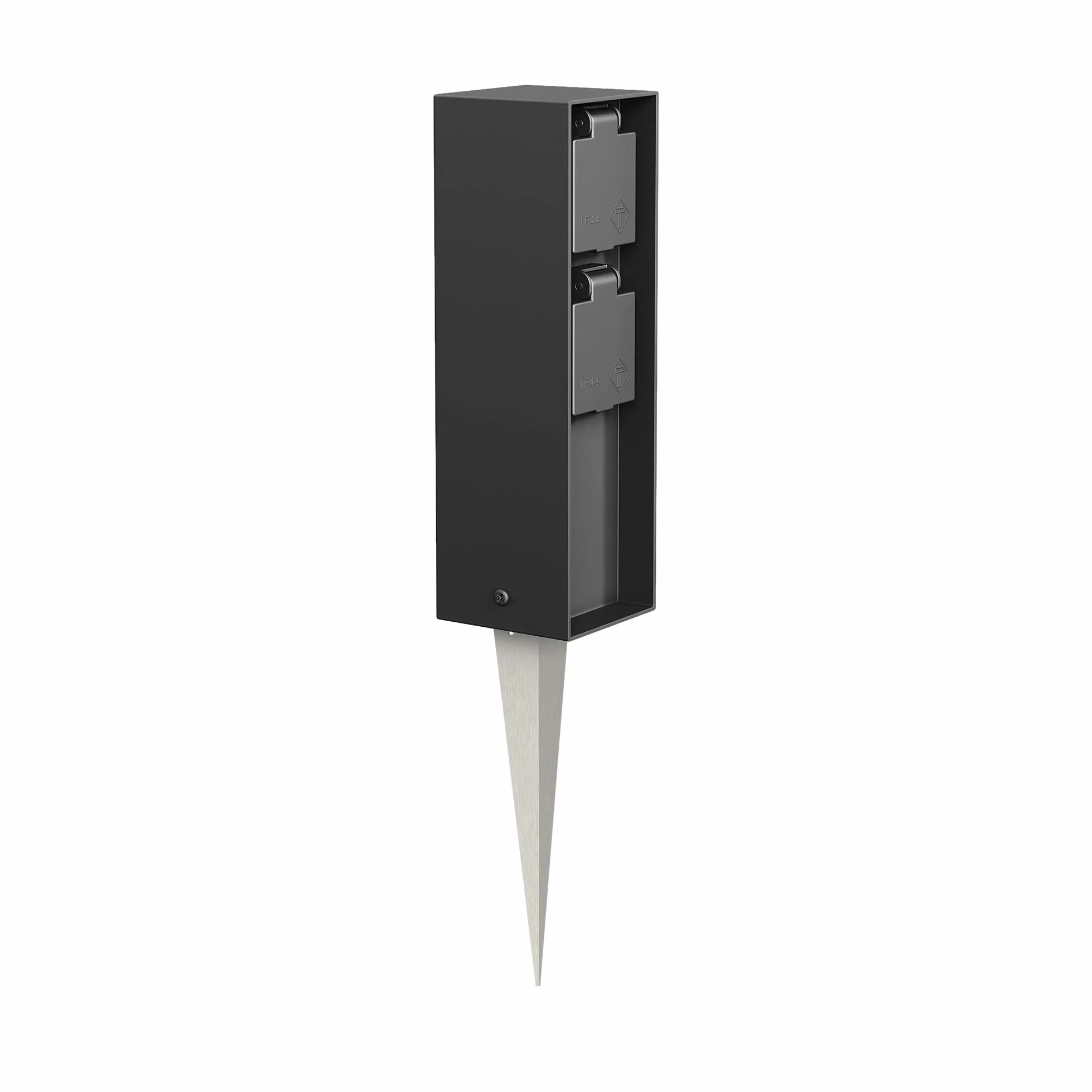 ledscom.de Gniazdo ogrodowe POKU z kolcem do montażu na zewnątrz, IP44, 2-drożne, czarne, kwadratowe, 23cm