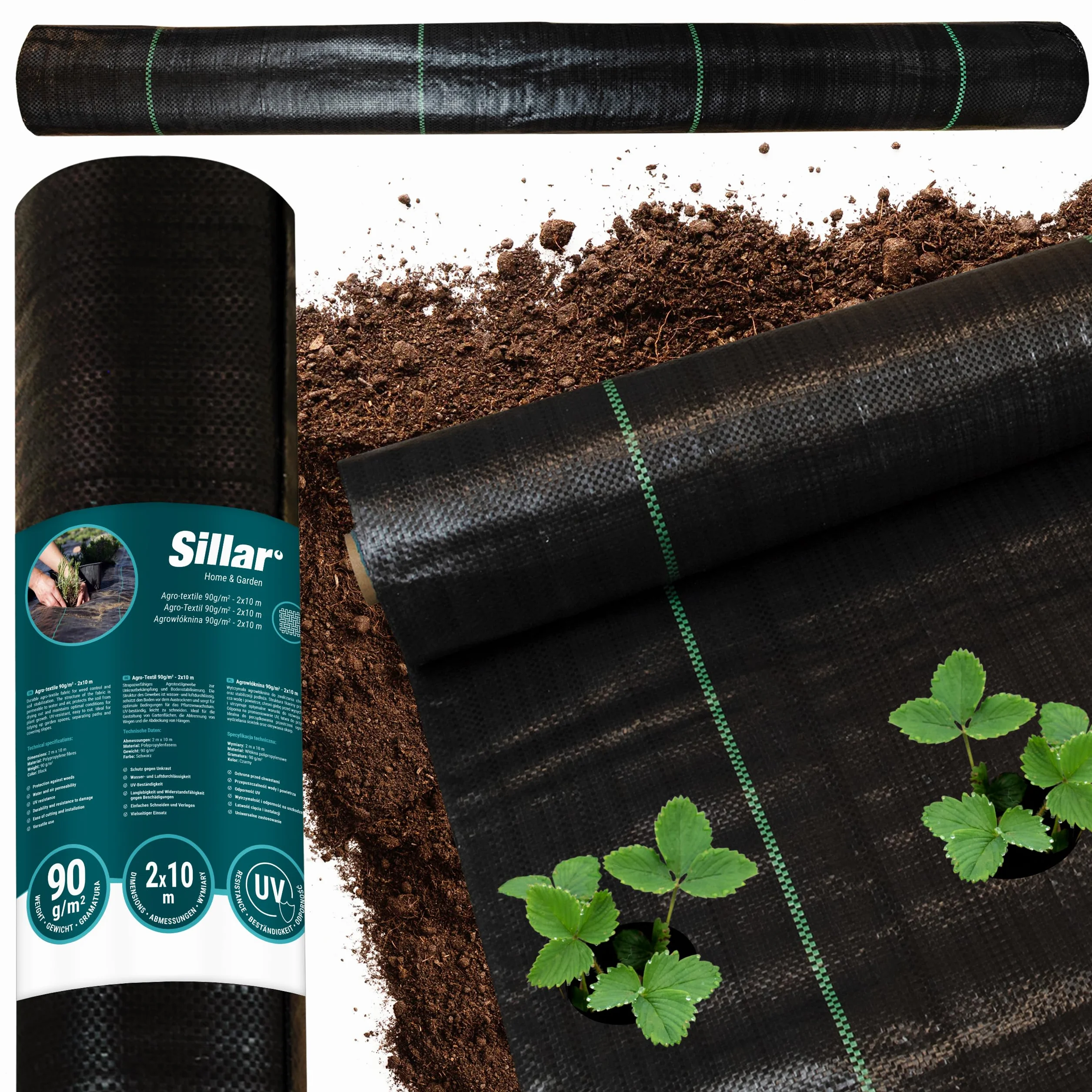 Sillar Folia przeciw chwastom, folia ogrodowa, przepuszczająca wodę, odporna na rozerwanie, z wysoką stabilnością UV (90 g/m², 2x10m)