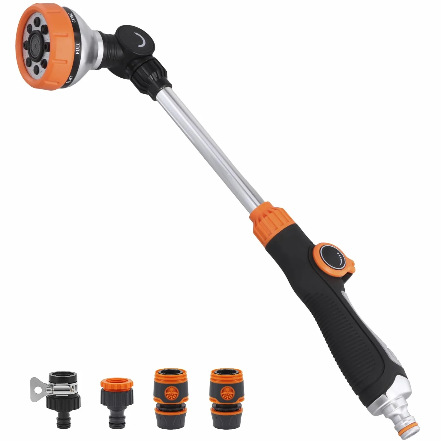 QWORK® Prysznic ogrodowy 47 cm z 8 wzorami strumienia, słuchawka prysznicowa, zawiera 2 przyłącza węża i 3 przyłącza kranu, pistolet natryskowy do nawadniania, mycia samochodu, prysznica zwierząt i