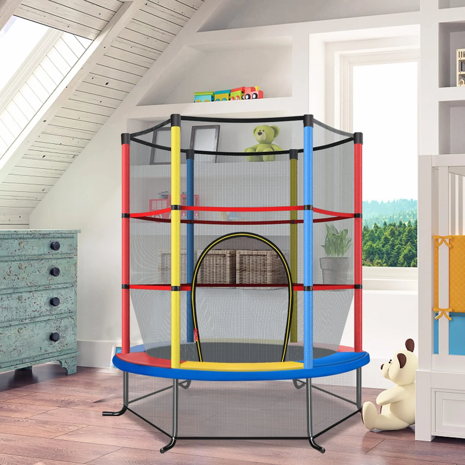 COSTWAY Trampolina ogrodowa o średnicy 165 cm z siatką zabezpieczającą, obciążenie do 135 kg, trampolina do użytku wewnątrz i na zewnątrz, dla dzieci od 3 lat